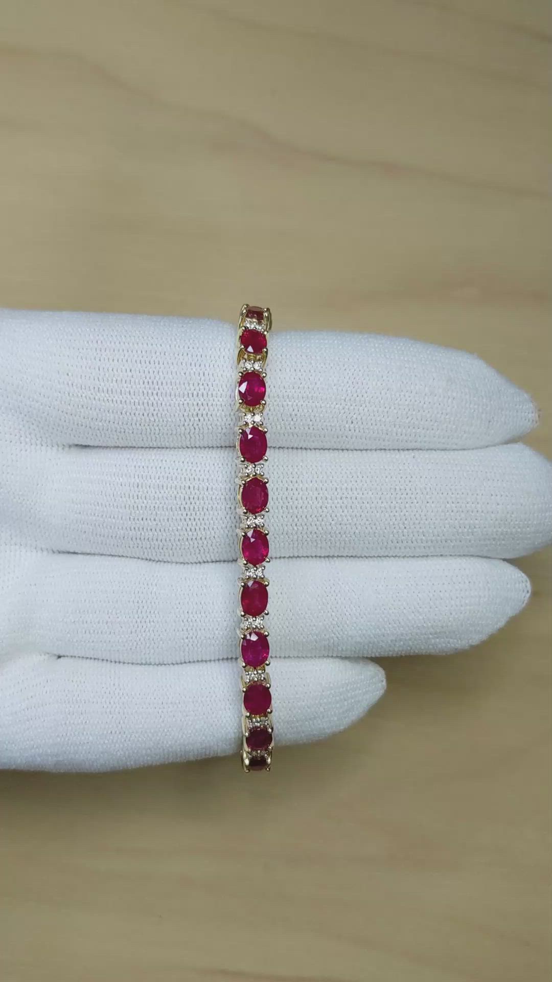 9.60 Ct.Tw.Total Carat Weight Ruby and Natural Diamond Tennis/Line Bracelet, 14K Yellow Gold Size Video