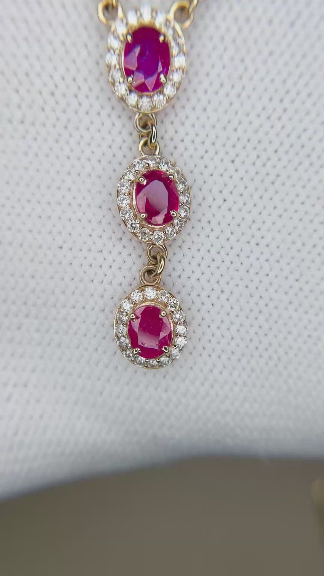 3.08 Ct. Ruby and Natural Diamond Pave Necklace, 14K Yellow Gold Size Video