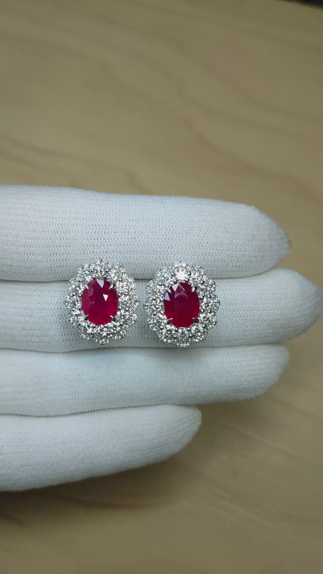 4.52&nbsp;Ct.Tw.Total Carat Weight Ruby and Natural Diamond Pave Earrings, 18K White Gold Size Video