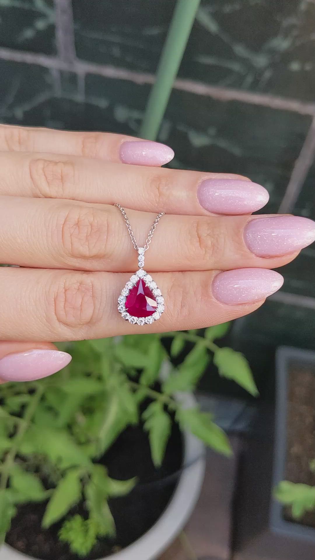 2.32 Ct. Ruby and Natural Diamond Pave Pendant, 18K White Gold Size Video