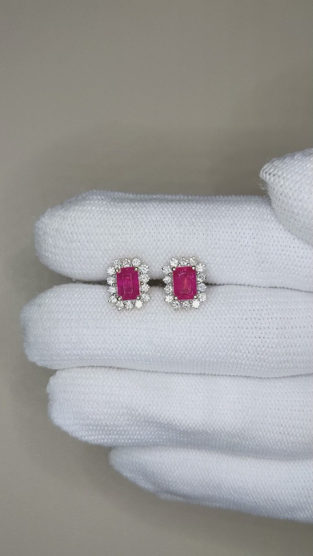 1.62&nbsp;Ct.Tw.Total Carat Weight Pinkish Red Ruby and Natural Diamond Studs Earrings, 14K Yellow Gold Size Video