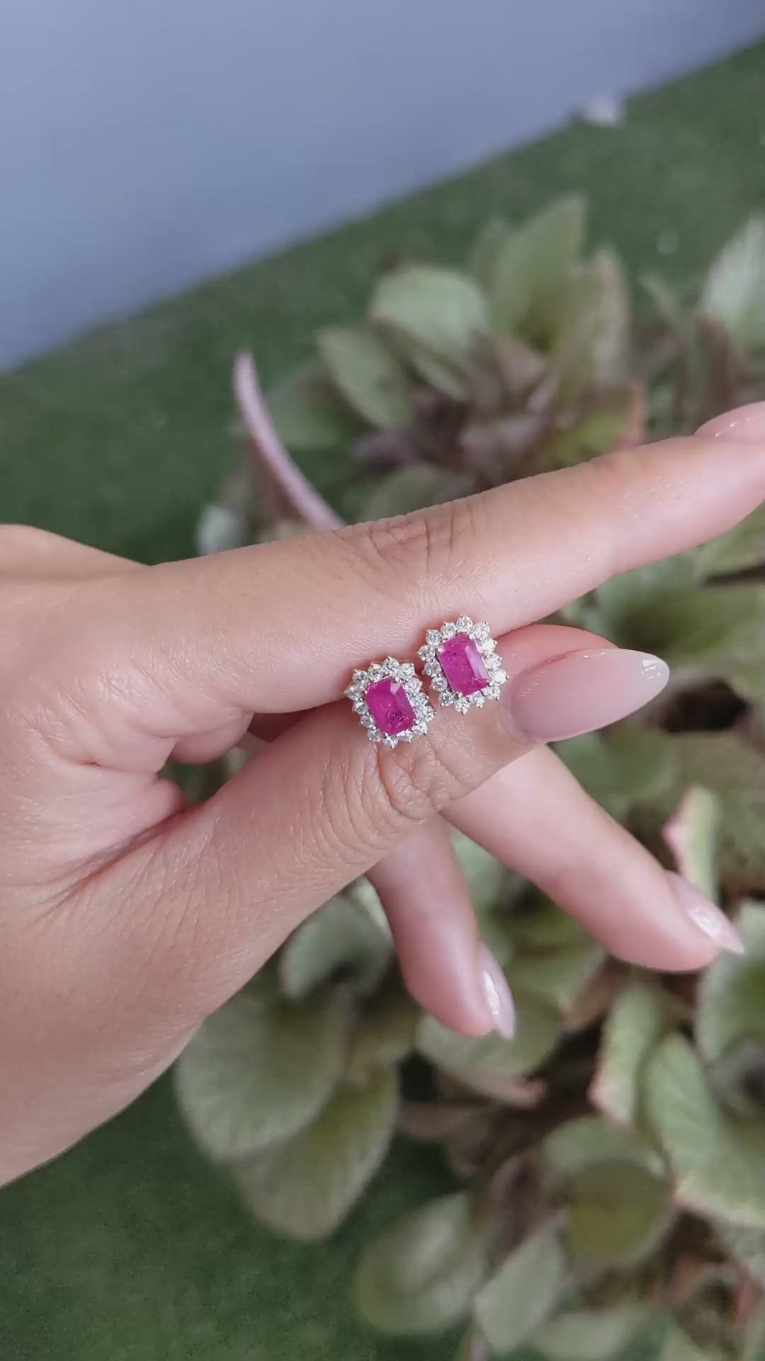 1.62&nbsp;Ct.Tw.Total Carat Weight Pinkish Red Ruby and Natural Diamond Studs Earrings, 14K Yellow Gold Size Video
