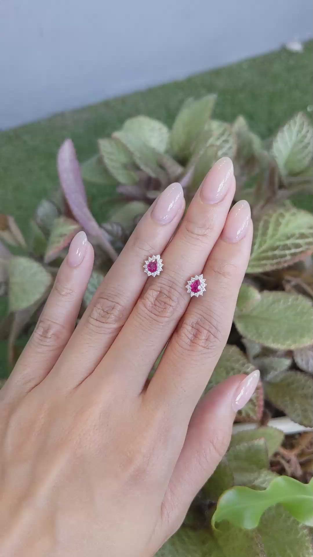0.49 Ct.Tw.Total Carat Weight Ruby and Natural Diamond Studs Earrings, 14K White Gold Size Video