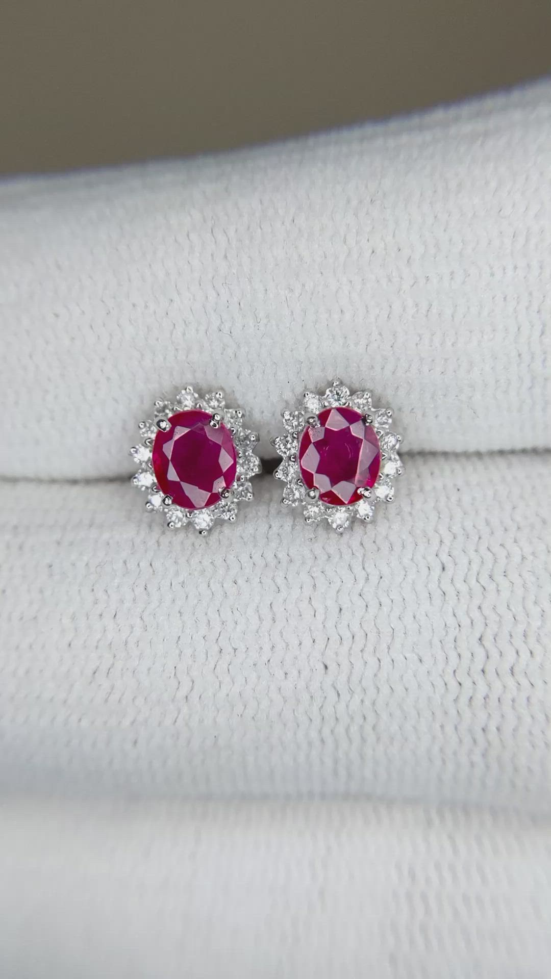 0.88 Ct.Tw.Total Carat Weight Pinkish Red Ruby and Natural Diamond Studs Earrings, 14K White Gold Size Video