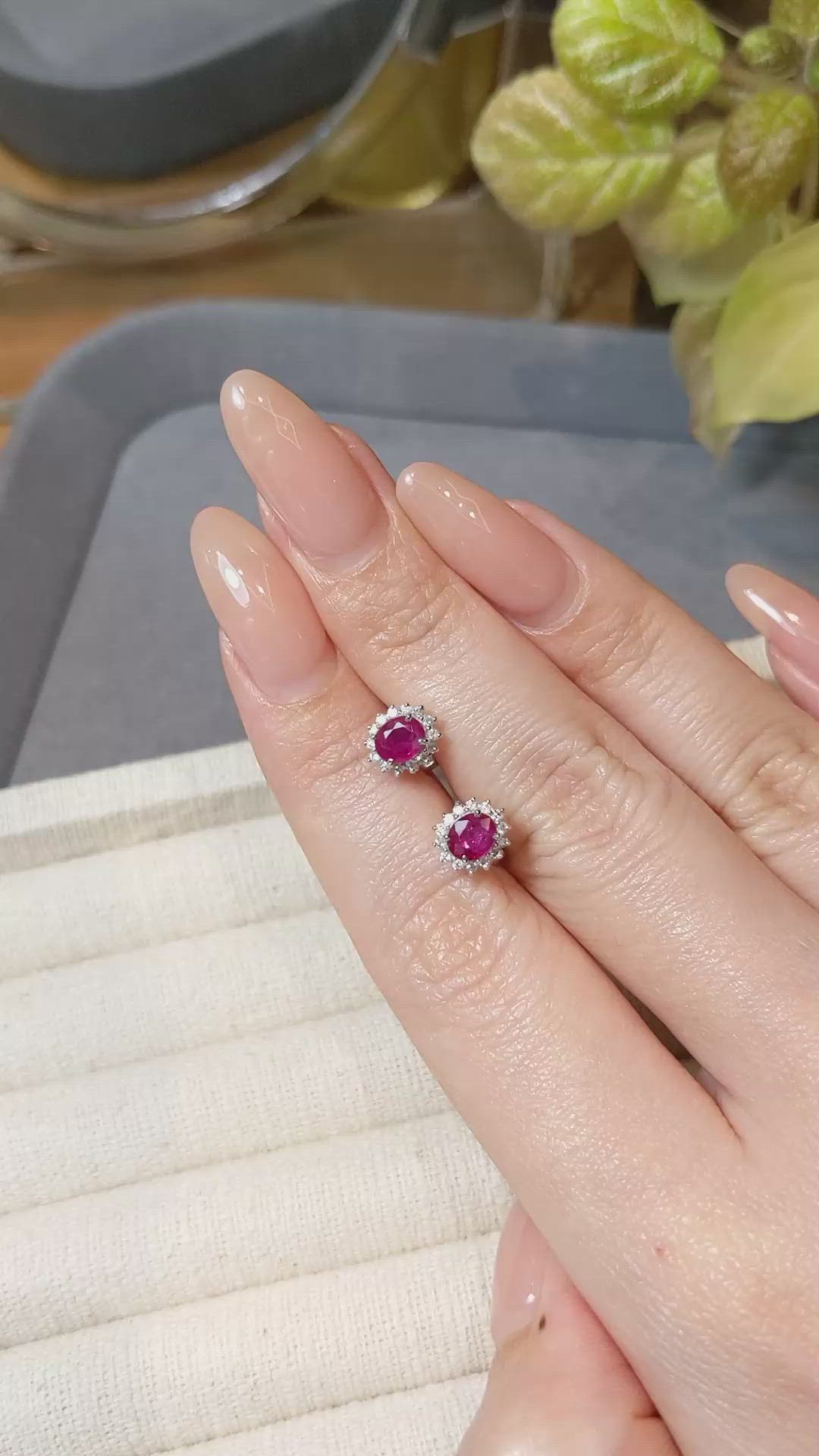 0.88 Ct.Tw.Total Carat Weight Pinkish Red Ruby and Natural Diamond Studs Earrings, 14K White Gold Size Video