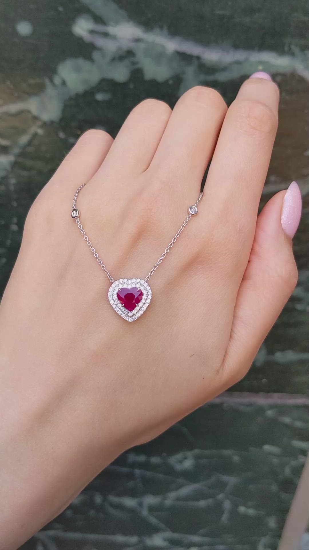 2.01 Ct. Ruby and Natural Diamond Pave Necklace, 18K White Gold Size Video