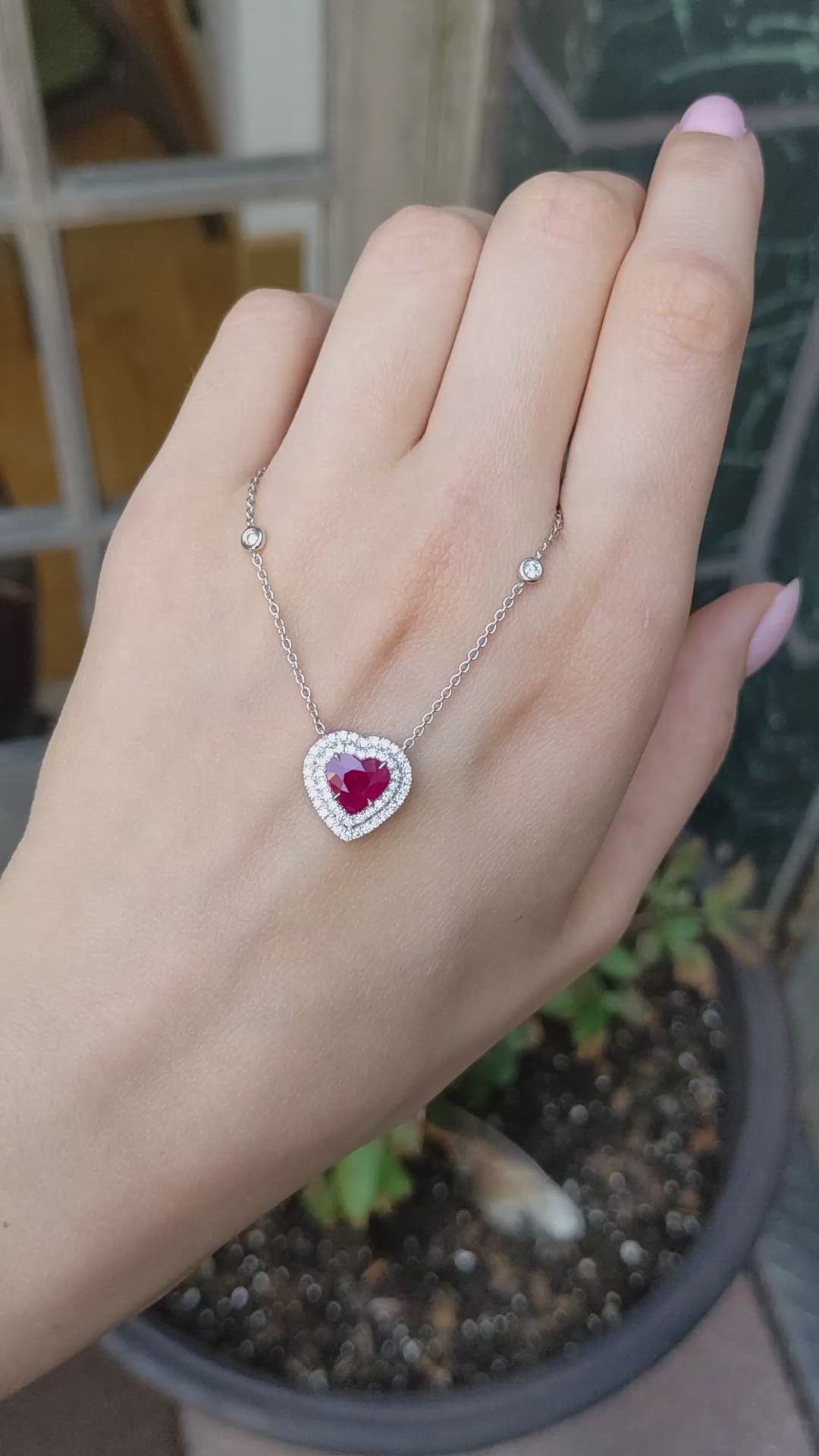 2.01 Ct. Ruby and Natural Diamond Pave Necklace, 18K White Gold Size Video