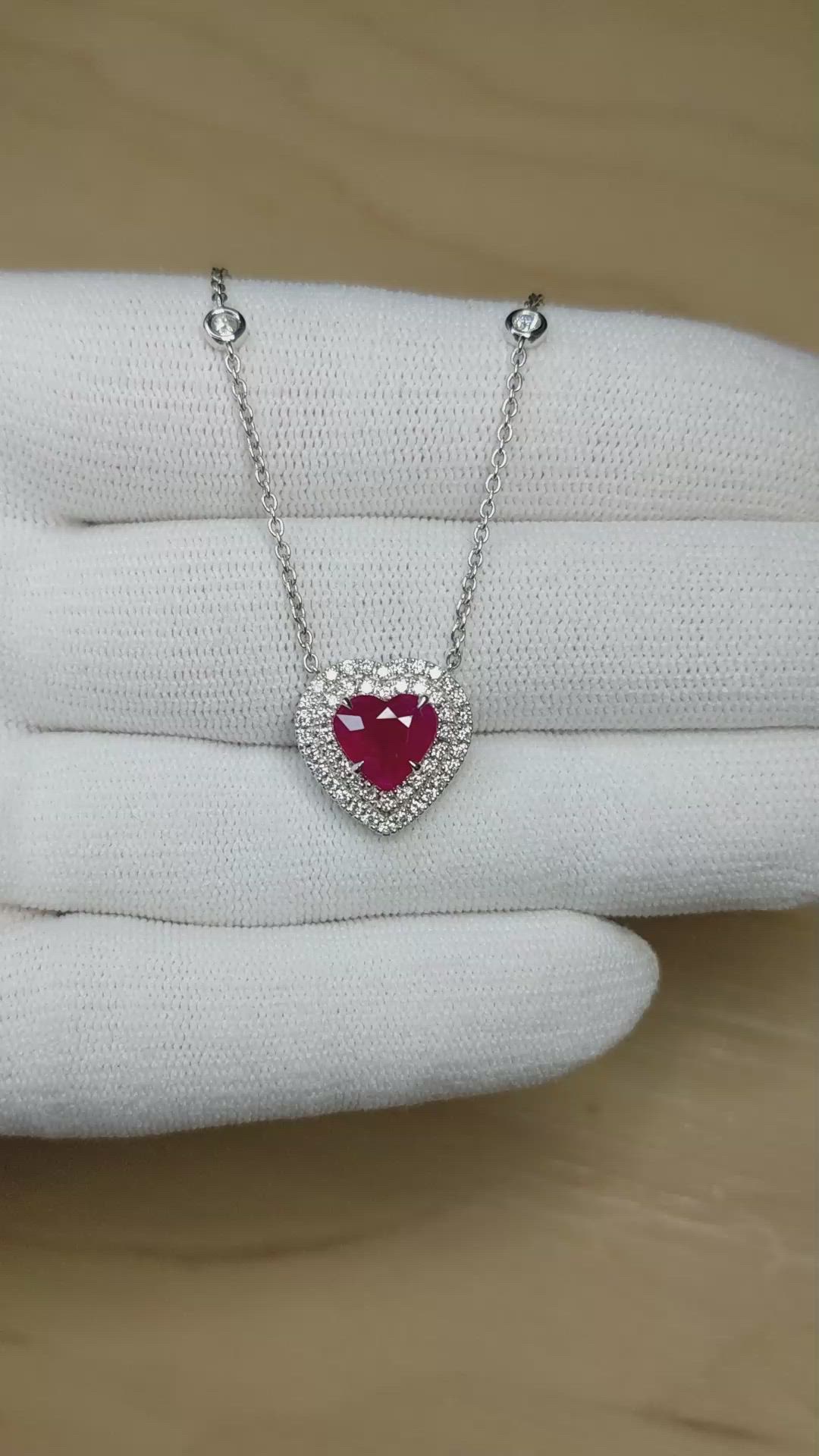 2.01 Ct. Ruby and Natural Diamond Pave Necklace, 18K White Gold Size Video