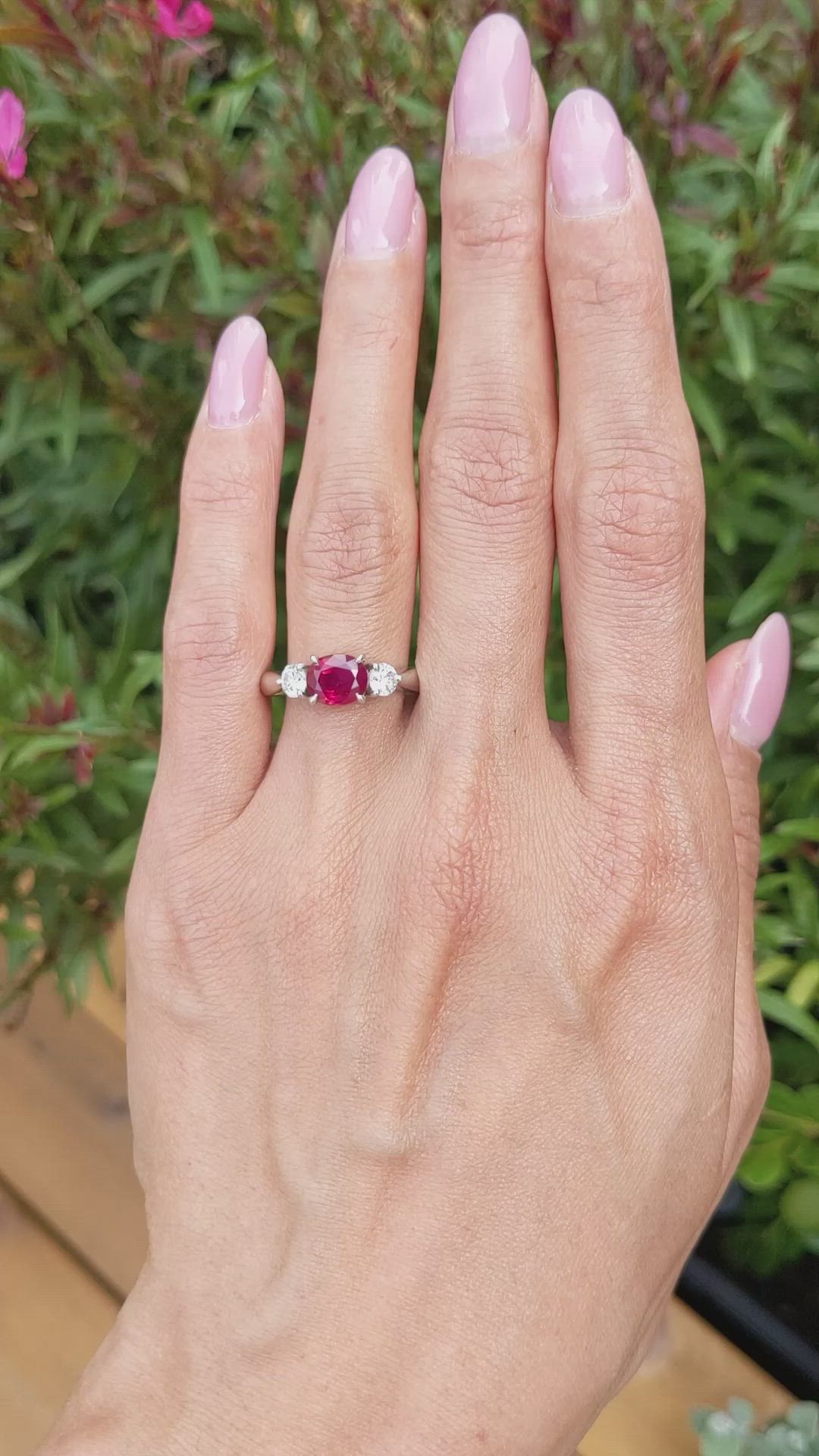 1.55 Ct. Ruby and Natural Diamond Three Stone Ring, Platinum 950 Size Video