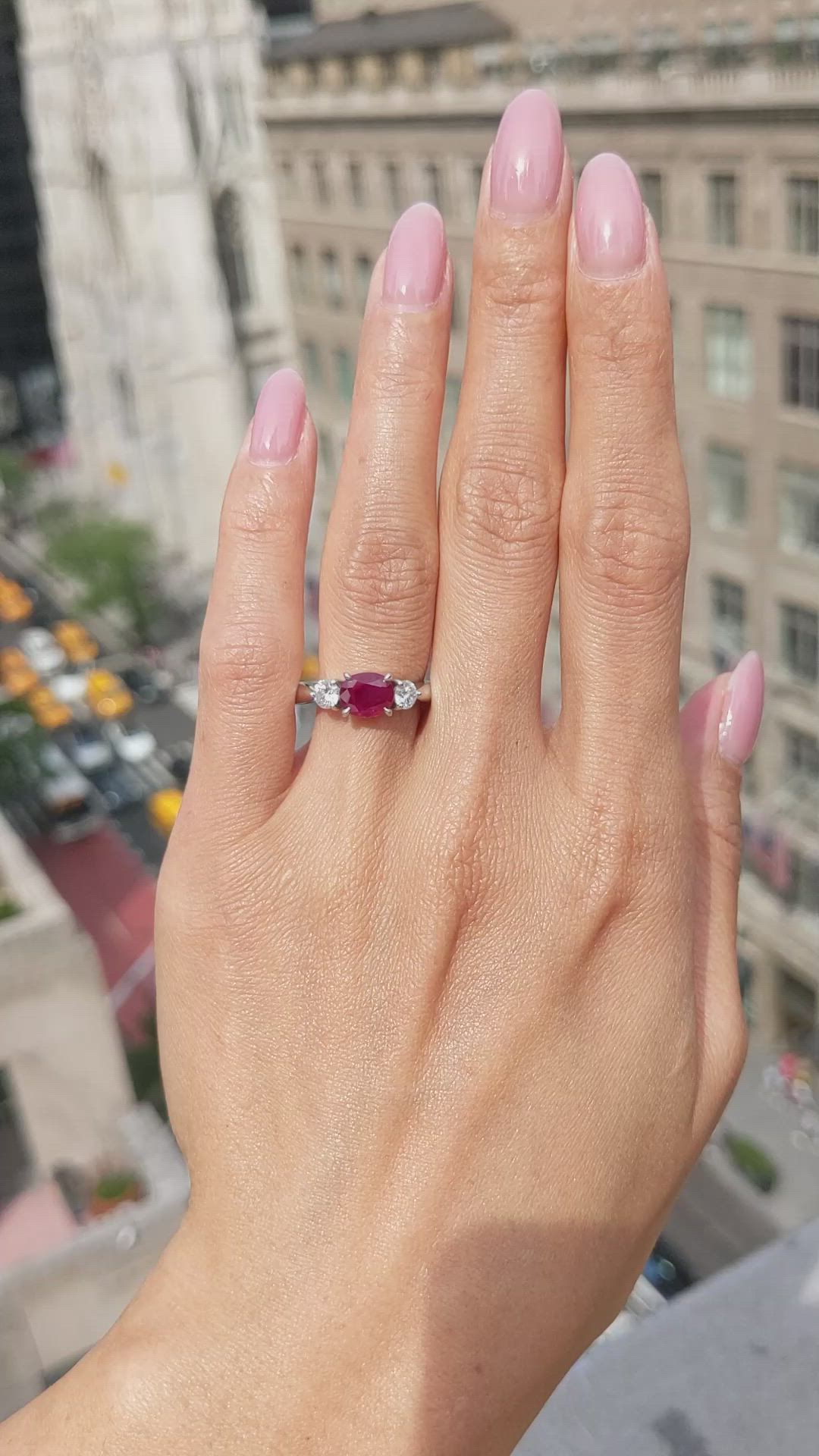 1.55 Ct. Ruby and Natural Diamond Three Stone Ring, Platinum 950 Size Video