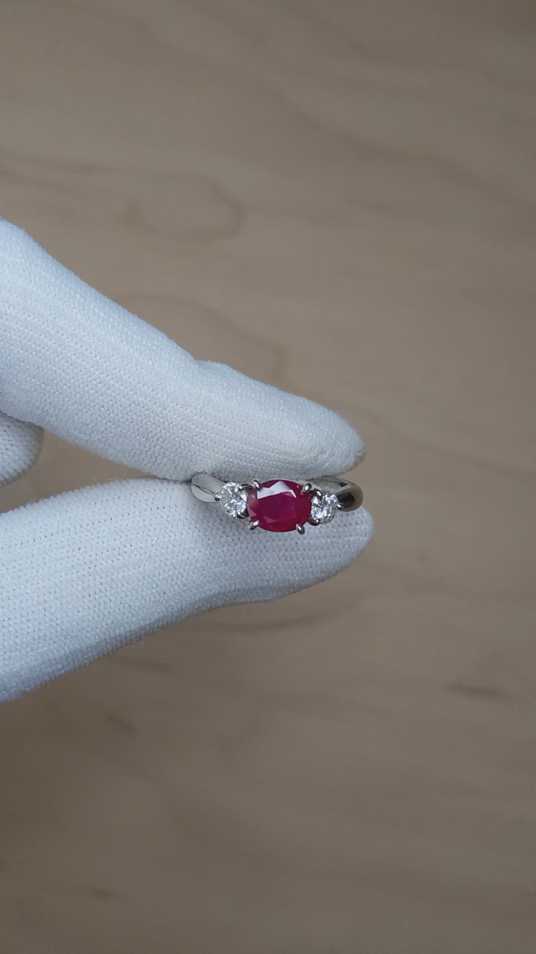 1.55 Ct. Ruby and Natural Diamond Three Stone Ring, Platinum 950 Size Video