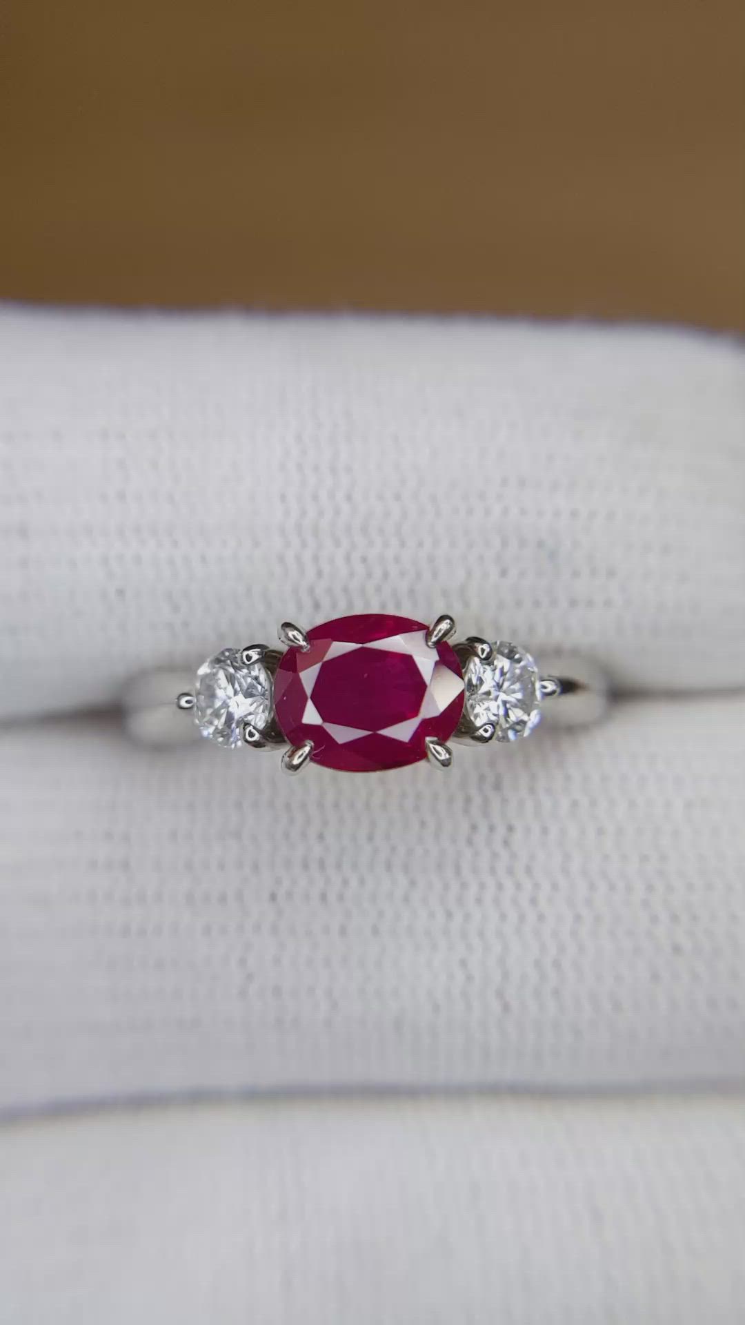1.55 Ct. Ruby and Natural Diamond Three Stone Ring, Platinum 950 Size Video
