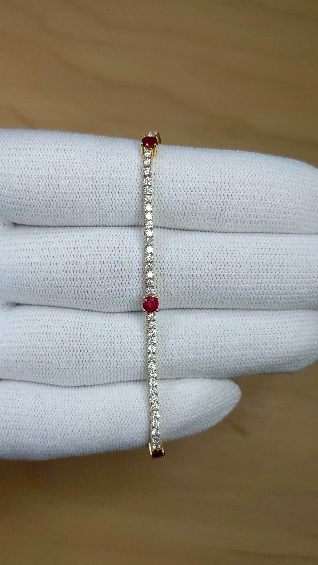 0.86 Ct.Tw.Total Carat Weight Ruby and Natural Diamond Pave Bracelet, 14K Yellow Gold Size Video