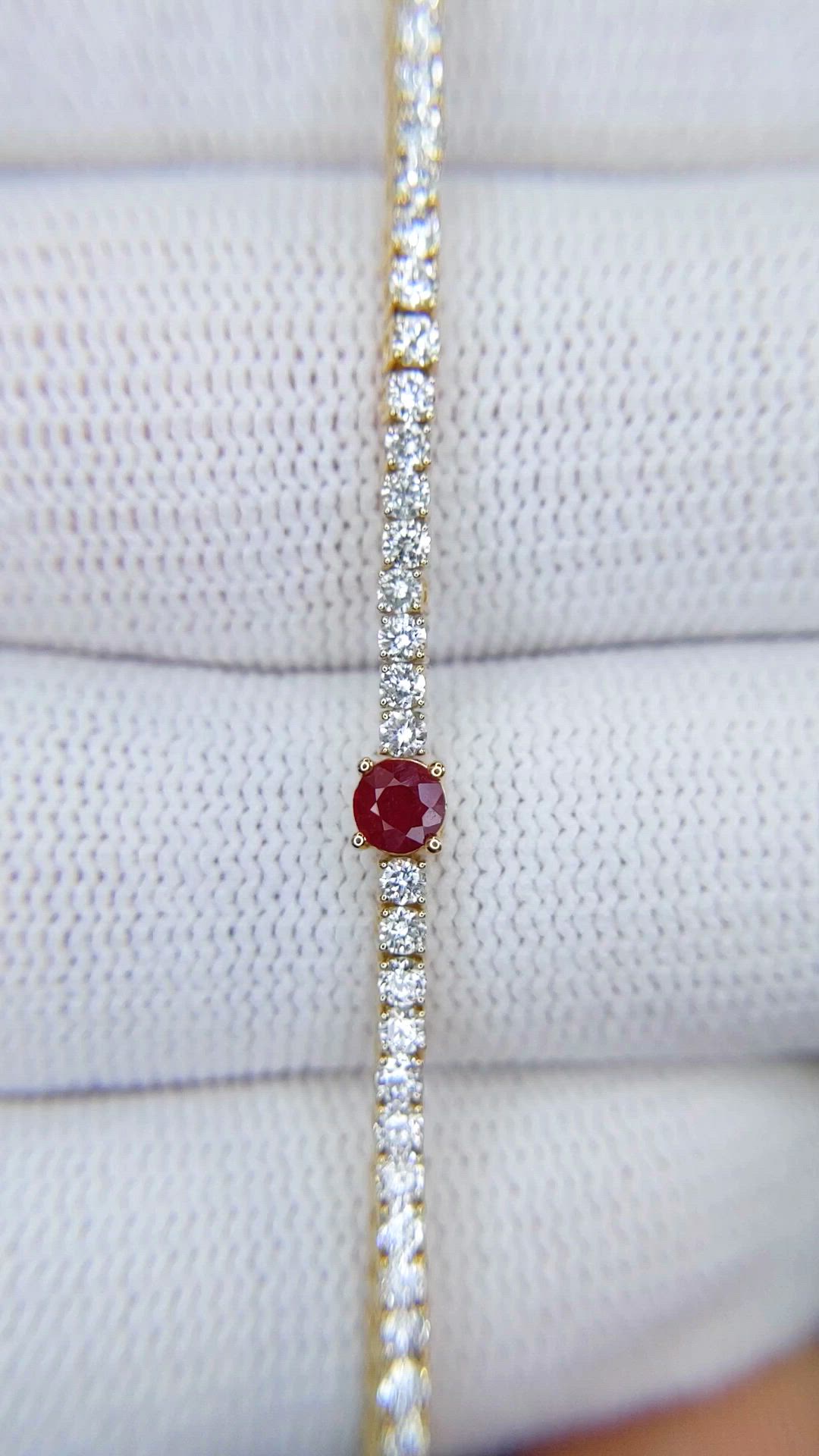 0.86 Ct.Tw.Total Carat Weight Ruby and Natural Diamond Pave Bracelet, 14K Yellow Gold Size Video