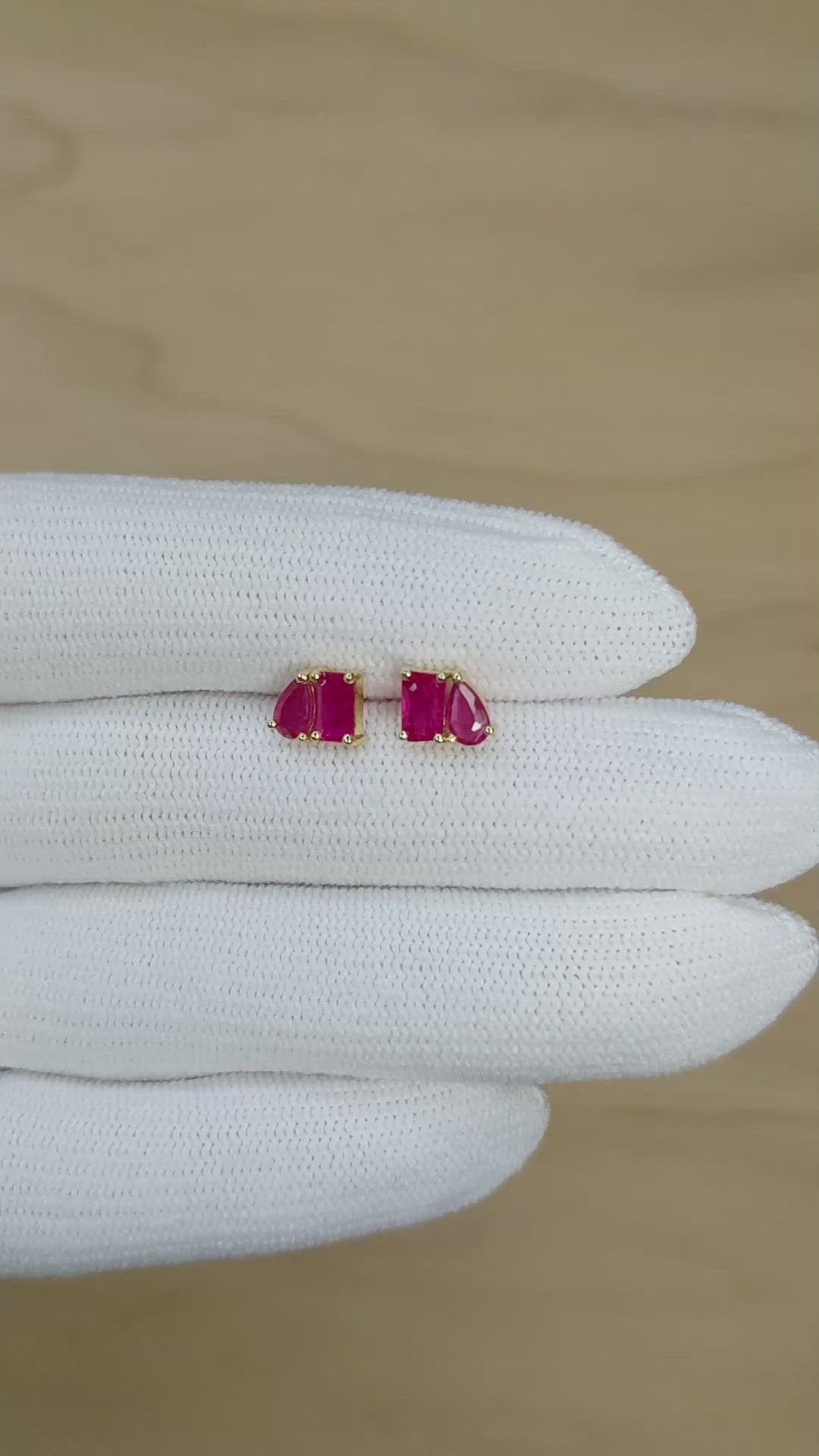 0.70 Ct.Tw.Total Carat Weight Pinkish Red Ruby and Ruby Studs Earrings, 14K Yellow Gold Size Video