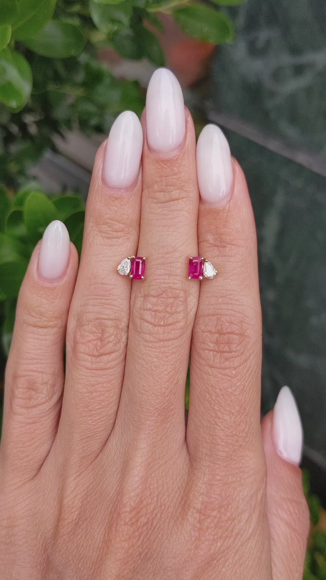 0.74 Ct.Tw.Total Carat Weight Pinkish Red Ruby and Natural Diamond Studs Earrings, 14K Yellow Gold Size Video