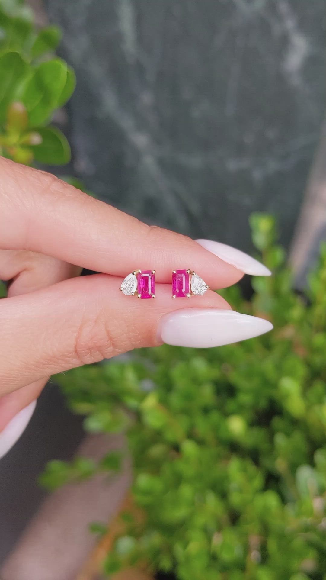 0.74 Ct.Tw.Total Carat Weight Pinkish Red Ruby and Natural Diamond Studs Earrings, 14K Yellow Gold Size Video