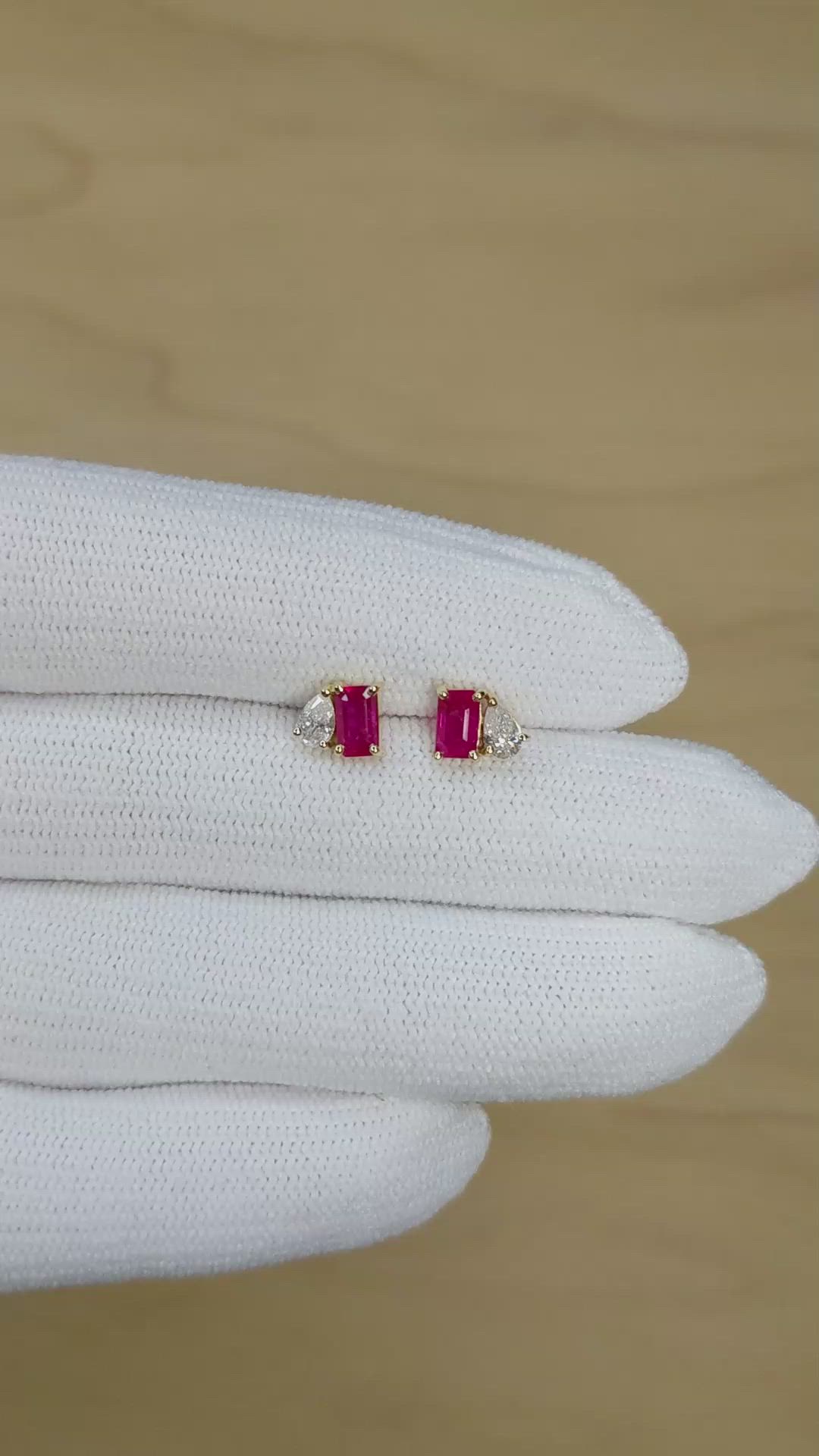 0.74&nbsp;Ct.Tw.Total Carat Weight Pinkish Red Ruby and Natural Diamond Studs Earrings, 14K Yellow Gold Size Video