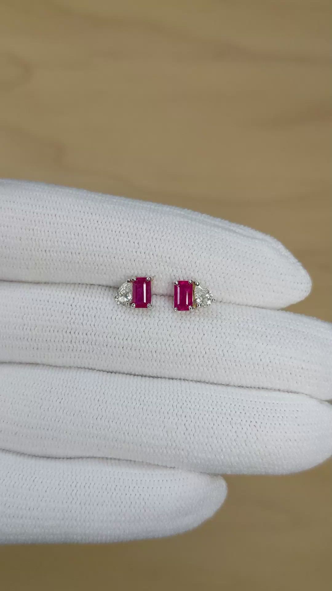 0.74 Ct.Tw.Total Carat Weight Pinkish Red Ruby Studs Earrings, 14K White Gold Size Video