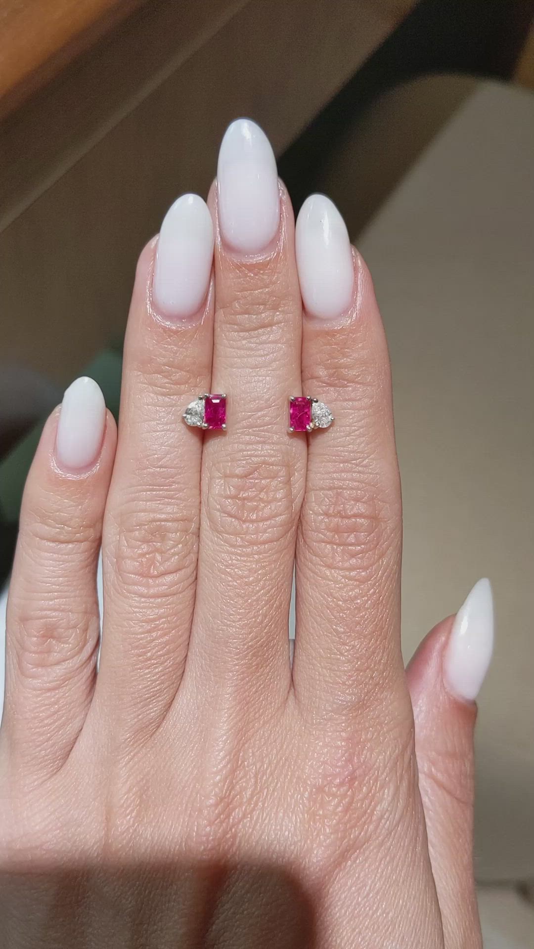 0.74 Ct.Tw.Total Carat Weight Pinkish Red Ruby Studs Earrings, 14K White Gold Size Video