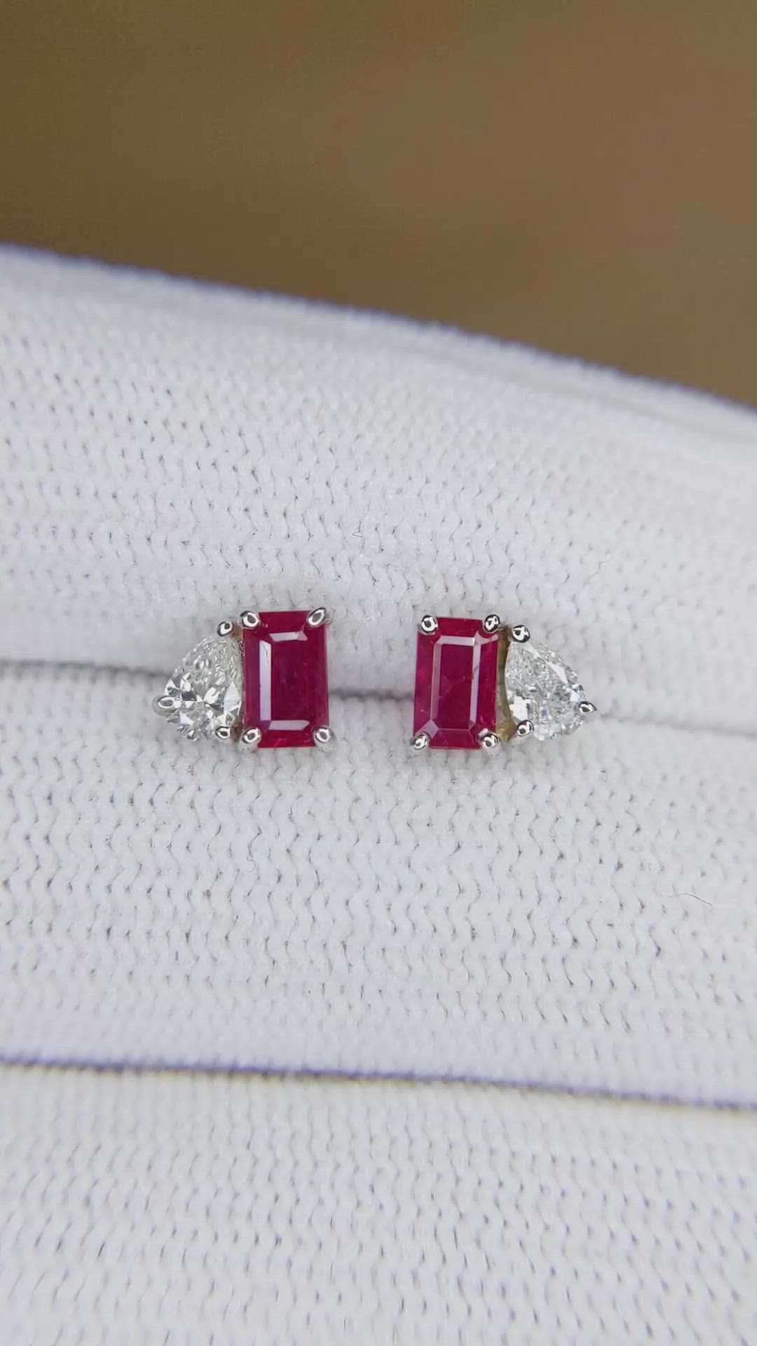 0.74 Ct.Tw.Total Carat Weight Pinkish Red Ruby Studs Earrings, 14K White Gold Size Video