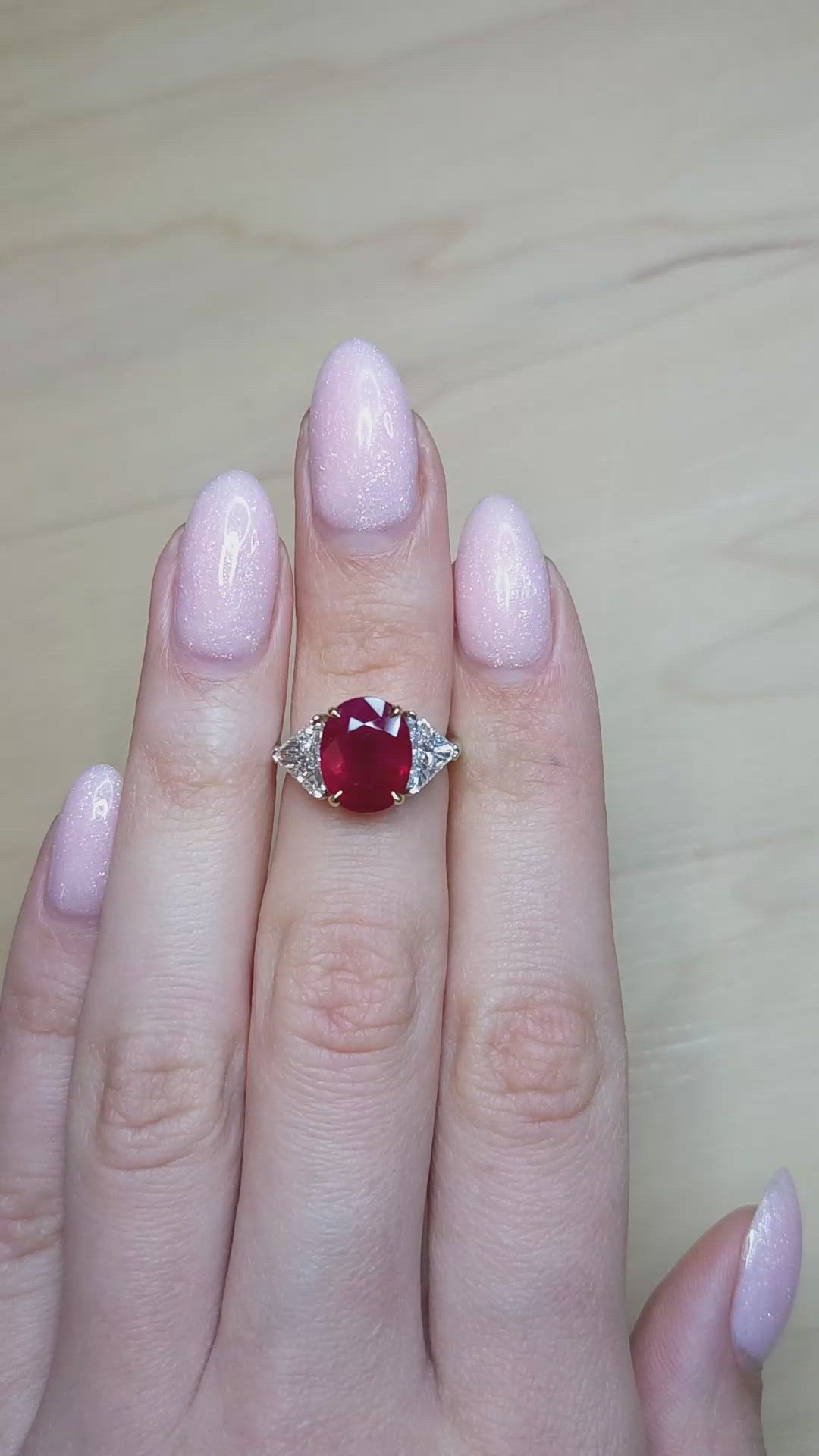 3.64 Ct. Ruby and Natural Diamond Three Stone Ring, Platinum & 18K Yellow Size Video