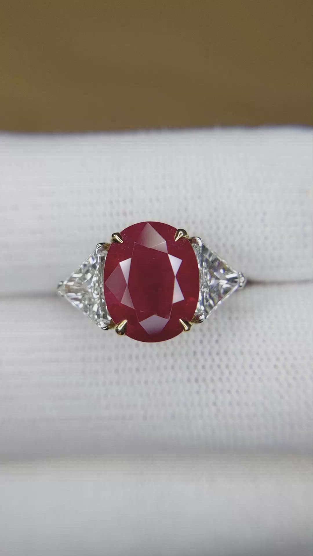 3.64 Ct. Ruby and Natural Diamond Three Stone Ring, Platinum & 18K Yellow Size Video