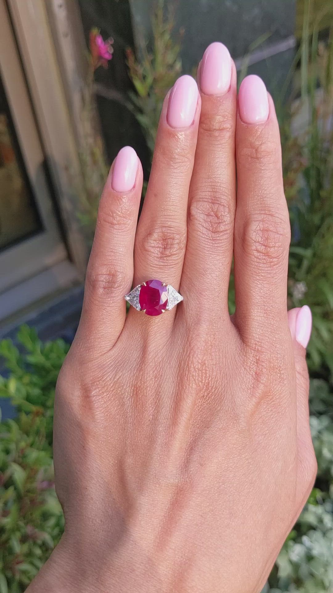 3.64 Ct. Ruby and Natural Diamond Three Stone Ring, Platinum & 18K Yellow Size Video