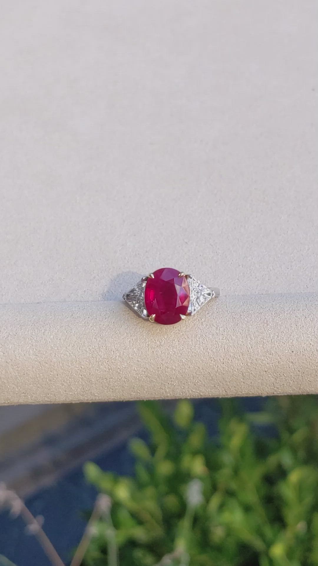 3.64 Ct. Ruby and Natural Diamond Three Stone Ring, Platinum & 18K Yellow Size Video