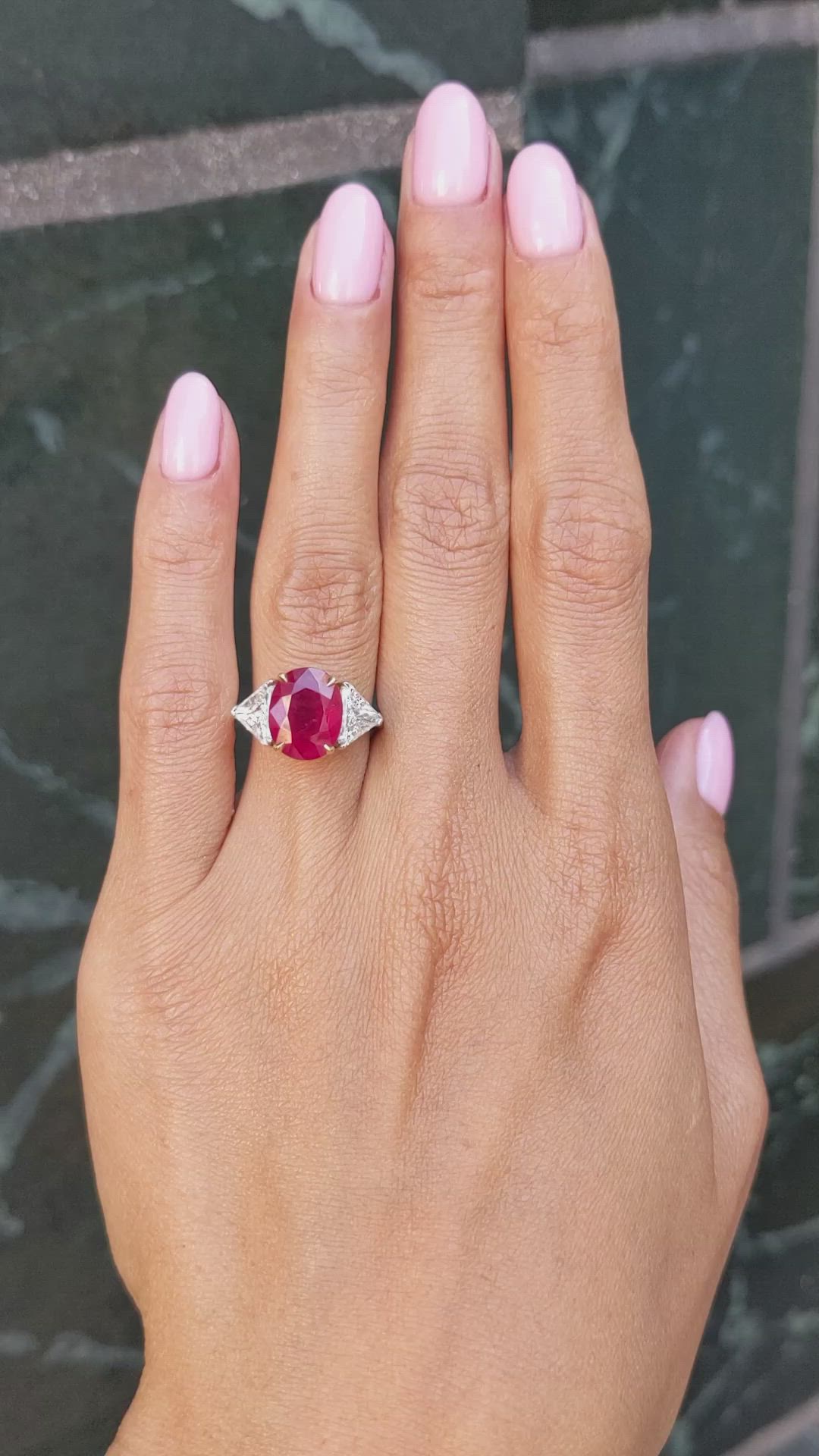 3.64 Ct. Ruby and Natural Diamond Three Stone Ring, Platinum & 18K Yellow Size Video