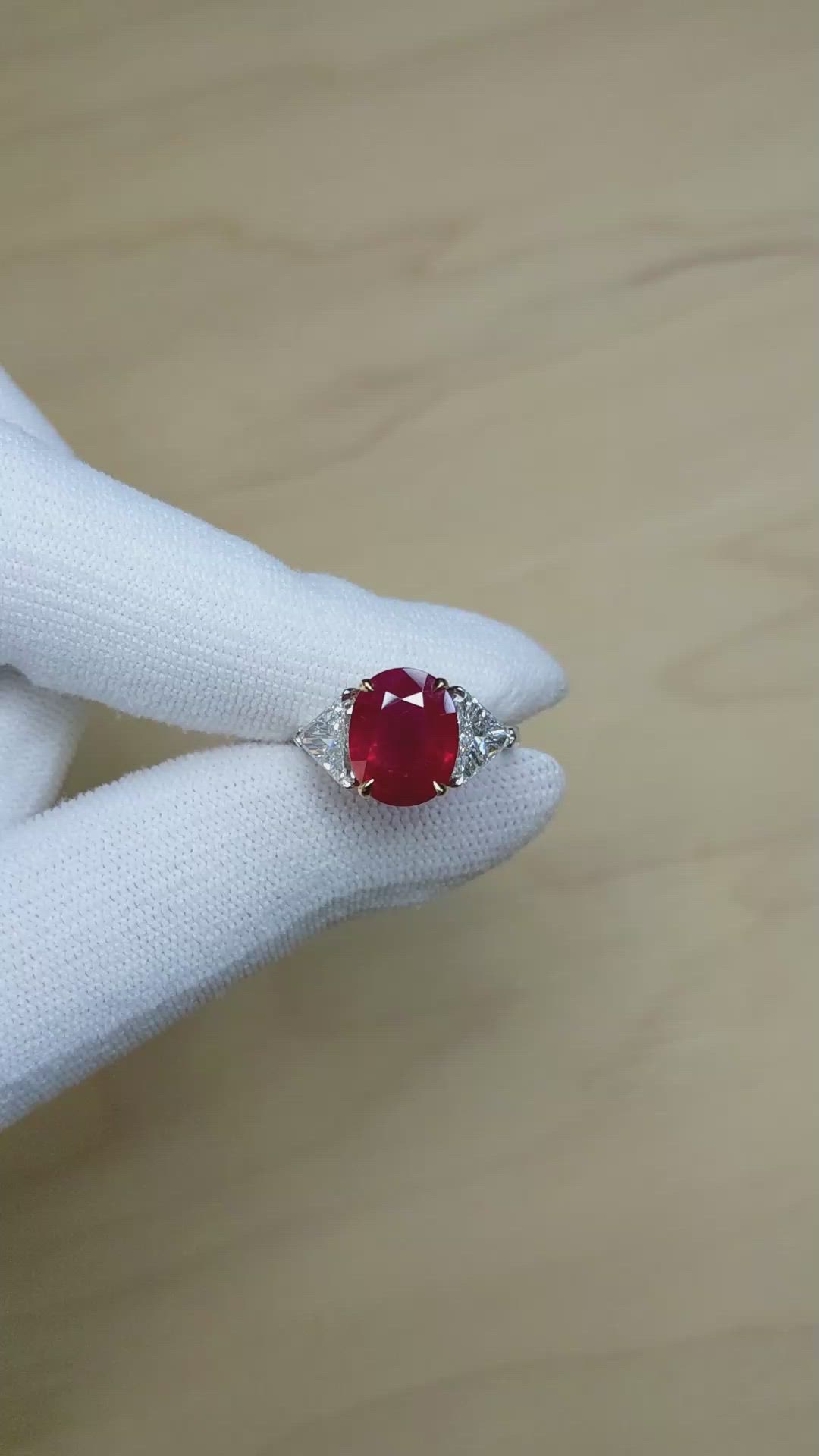 3.64 Ct. Ruby and Natural Diamond Three Stone Ring, Platinum & 18K Yellow Size Video