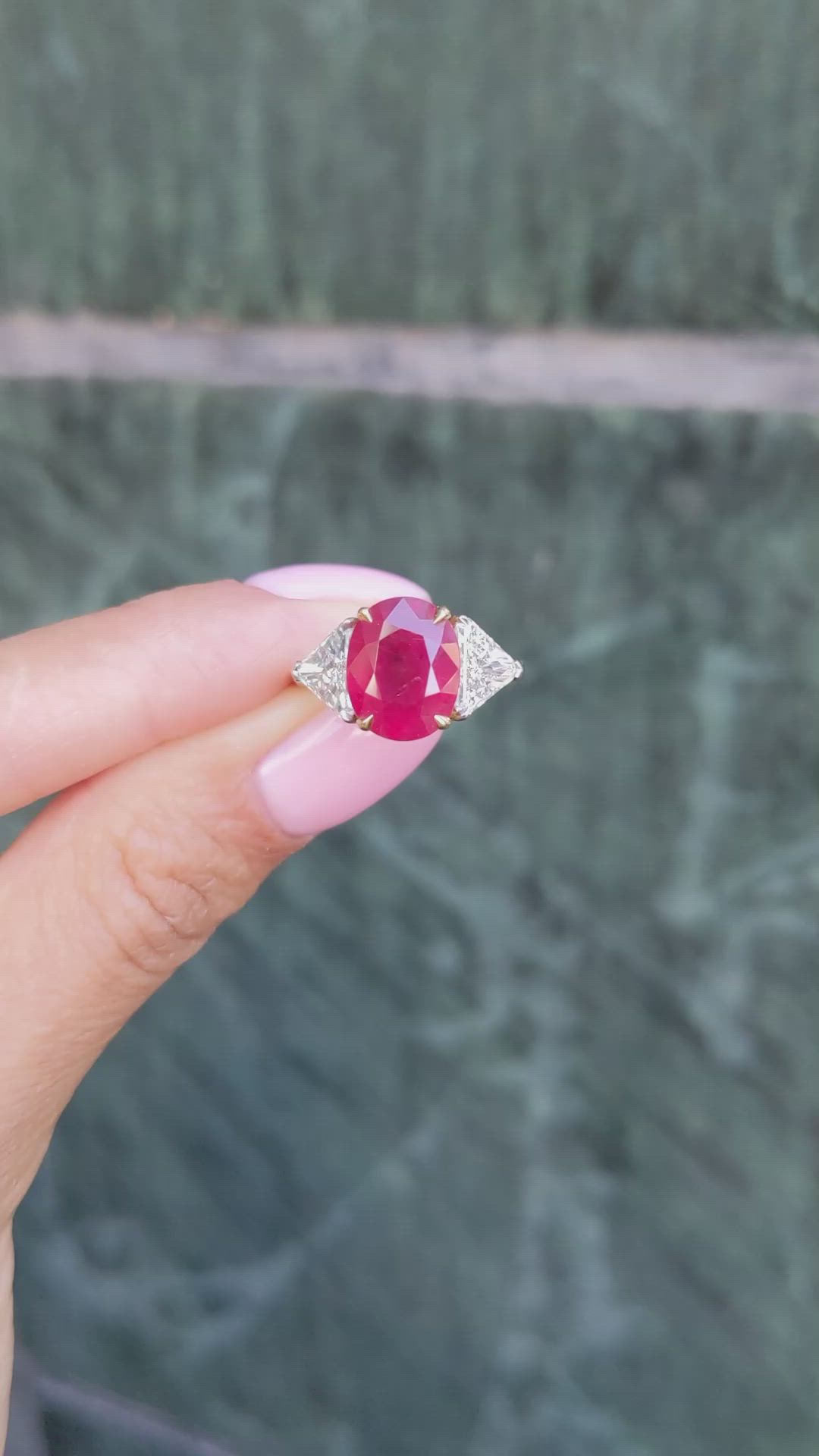 3.64 Ct. Ruby and Natural Diamond Three Stone Ring, Platinum & 18K Yellow Size Video