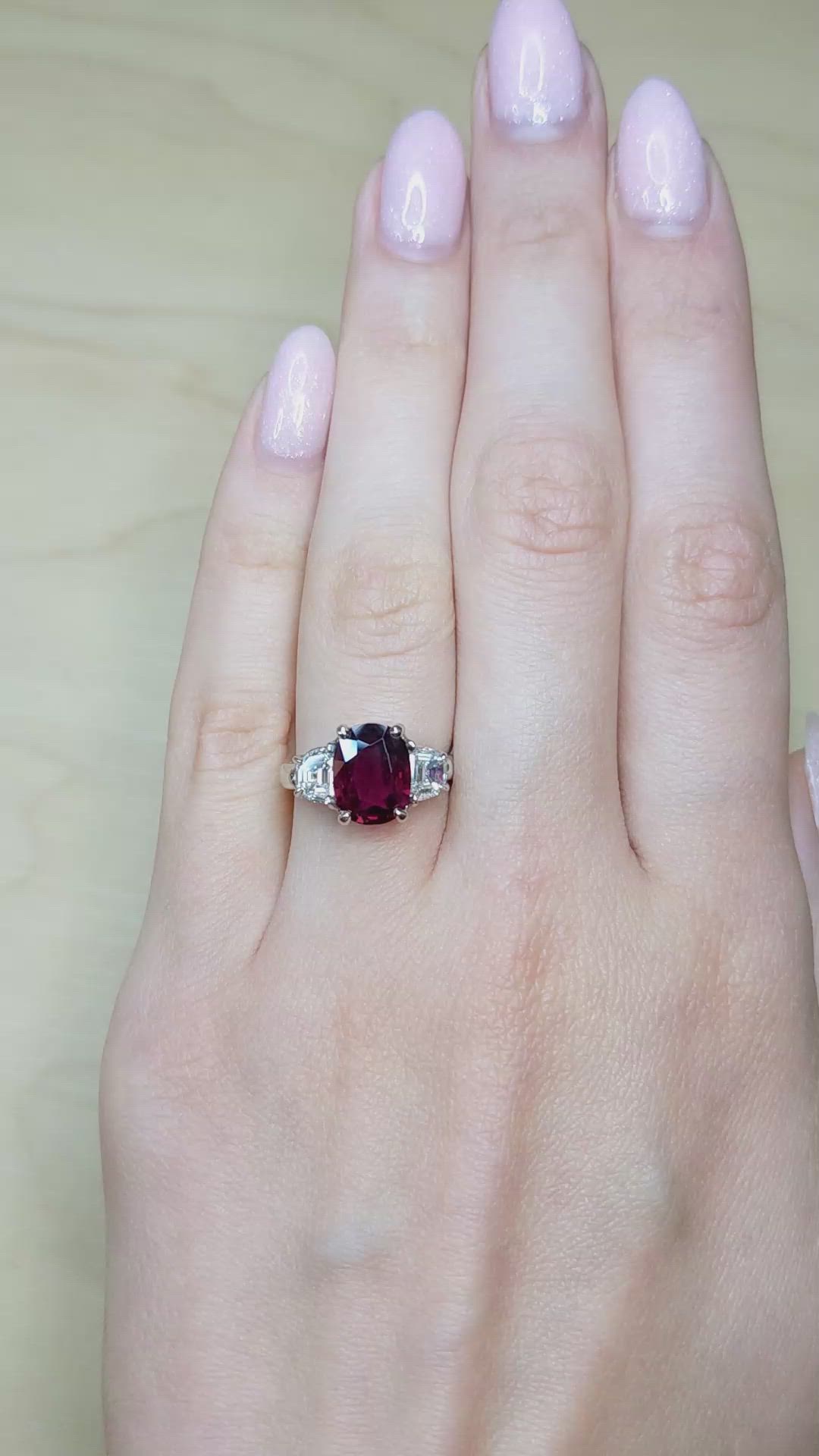 2.58 Ct. Ruby and Natural Diamond Three Stone Ring, Platinum 950 Size Video