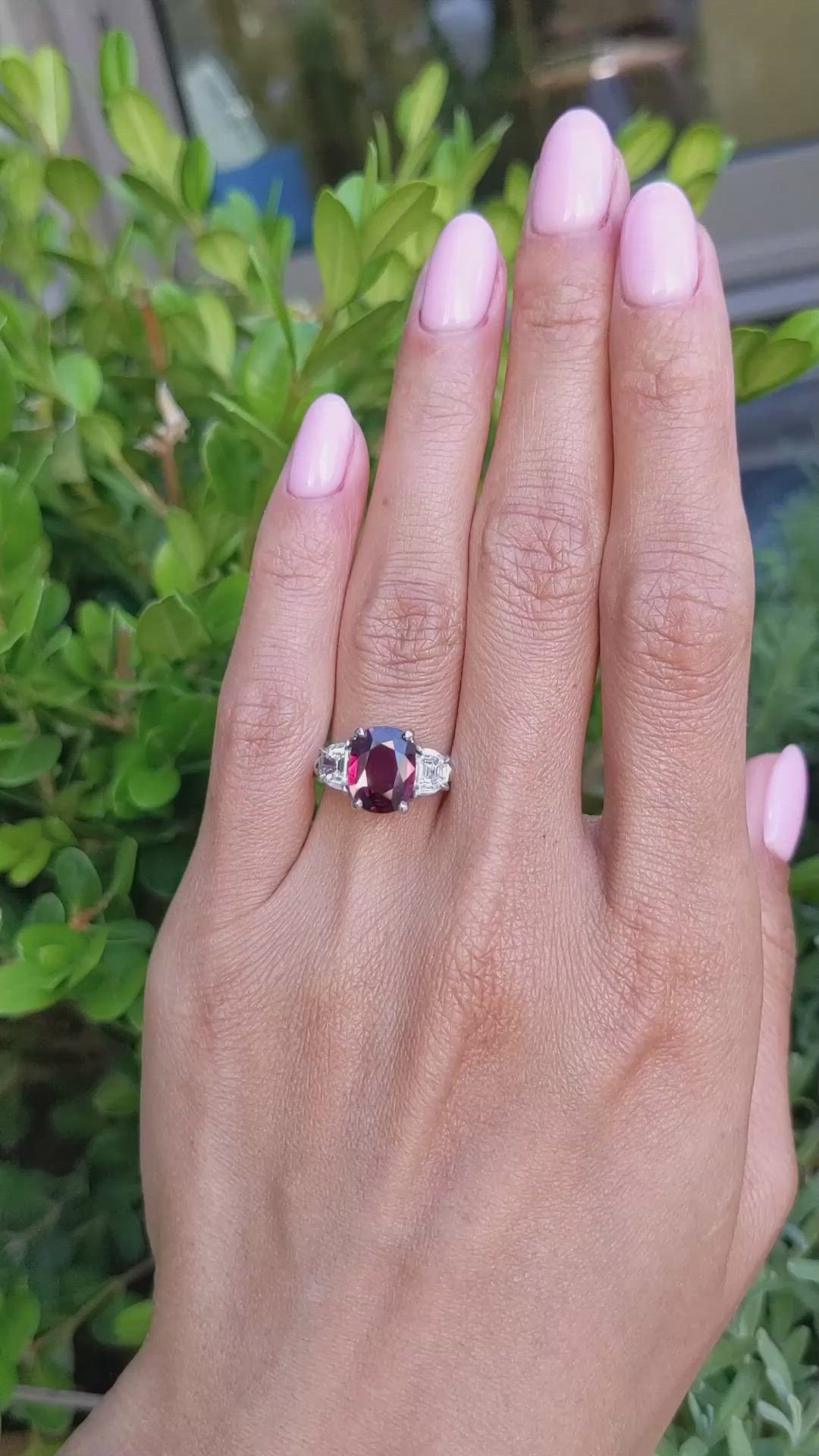 2.58 Ct. Ruby and Natural Diamond Three Stone Ring, Platinum 950 Size Video
