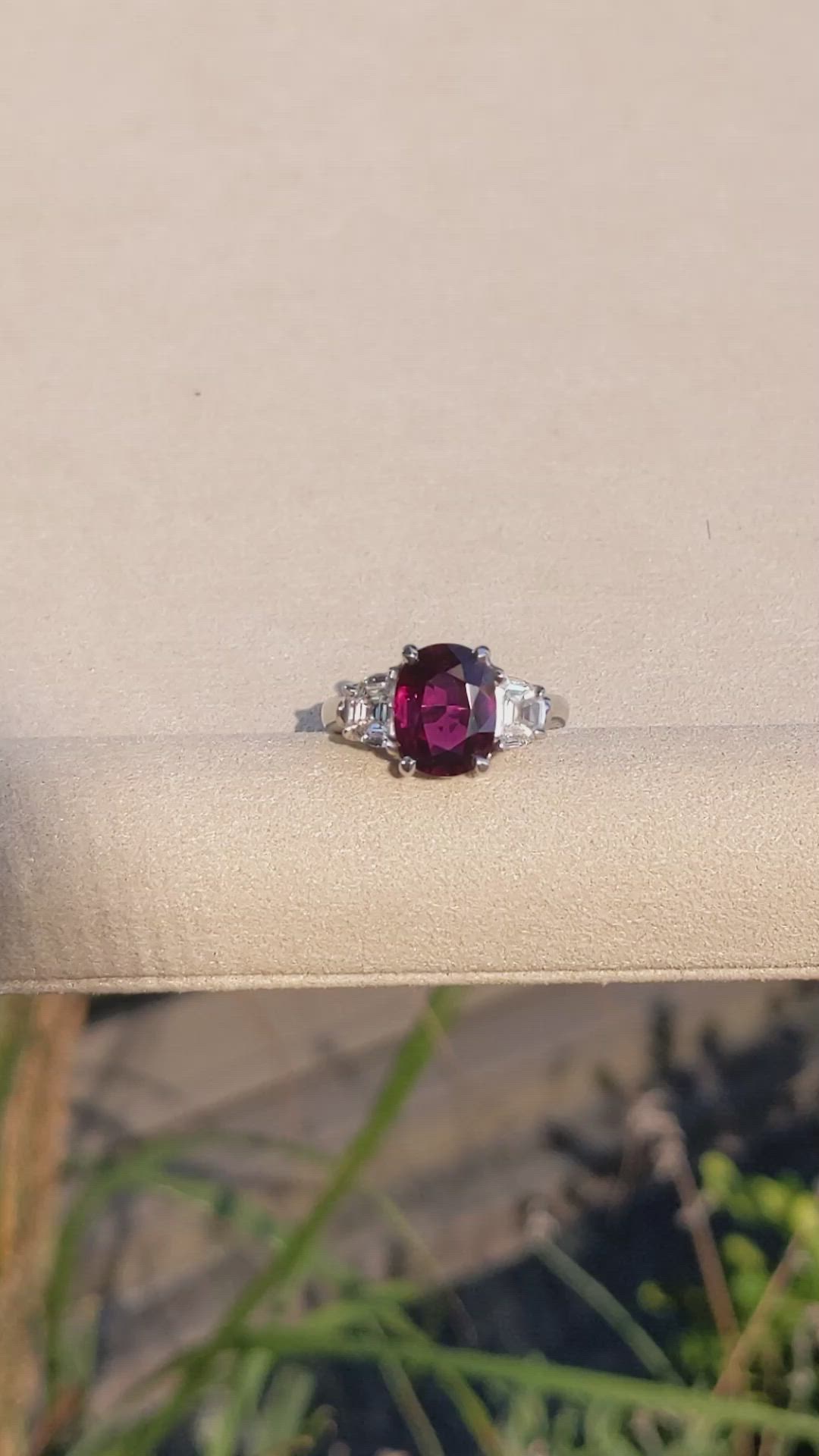 2.58 Ct. Ruby and Natural Diamond Three Stone Ring, Platinum 950 Size Video