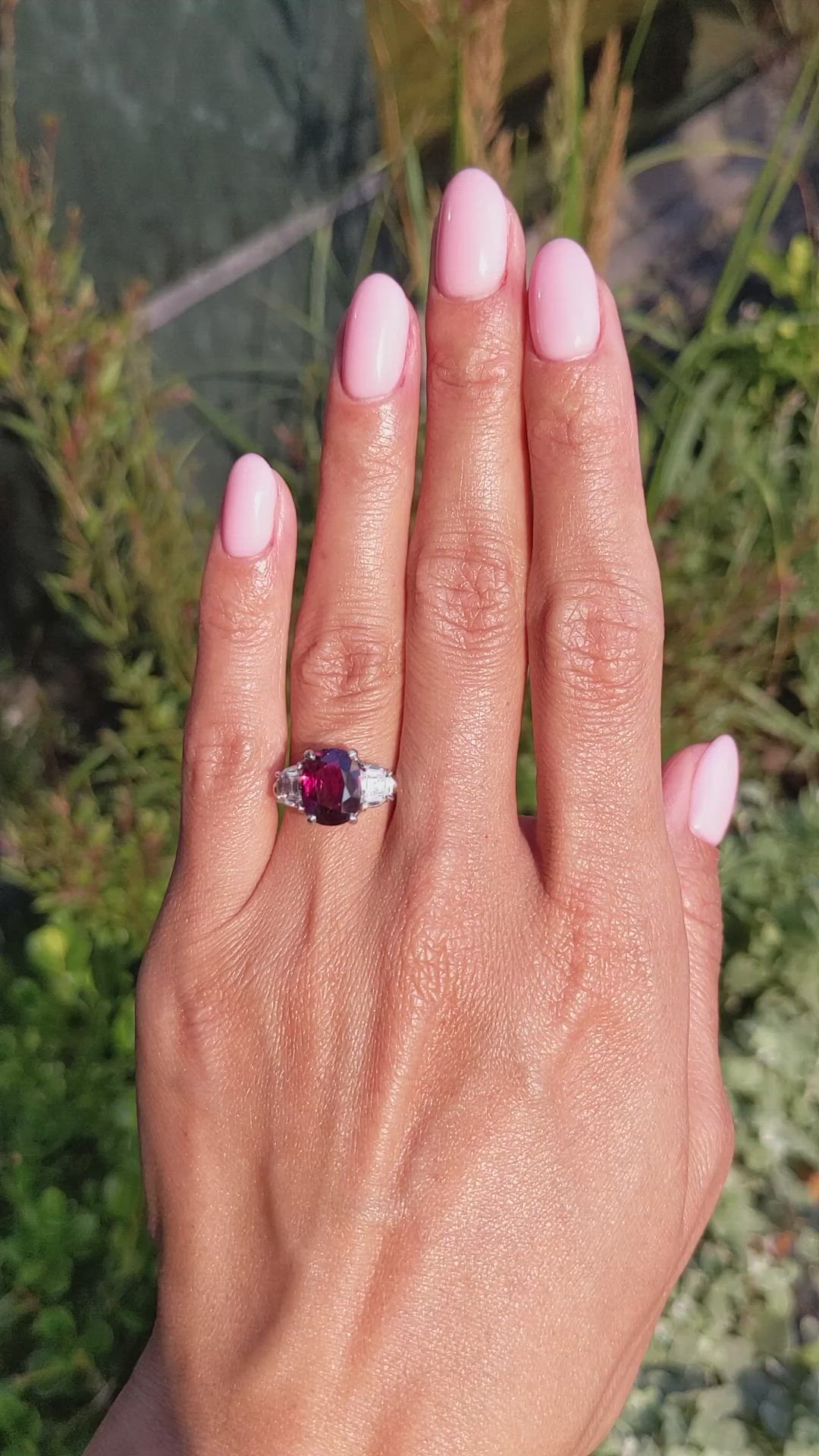 2.58 Ct. Ruby and Natural Diamond Three Stone Ring, Platinum 950 Size Video
