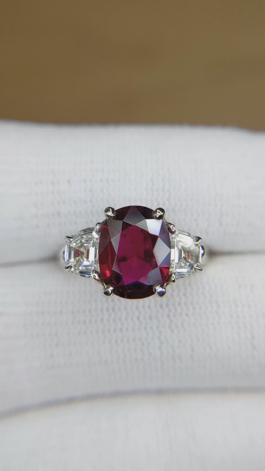 2.58 Ct. Ruby and Natural Diamond Three Stone Ring, Platinum 950 Size Video