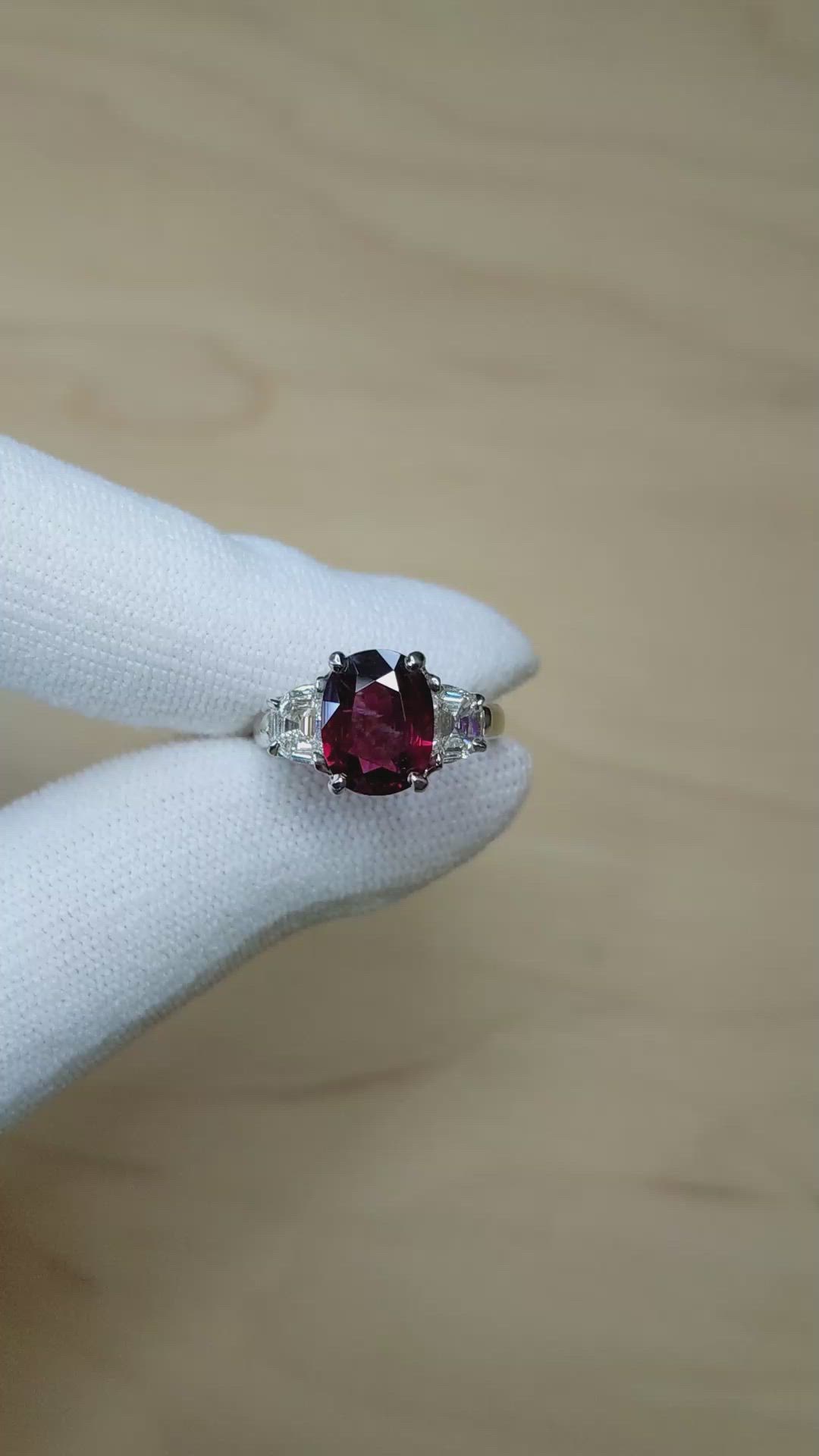 2.58 Ct. Ruby and Natural Diamond Three Stone Ring, Platinum 950 Size Video