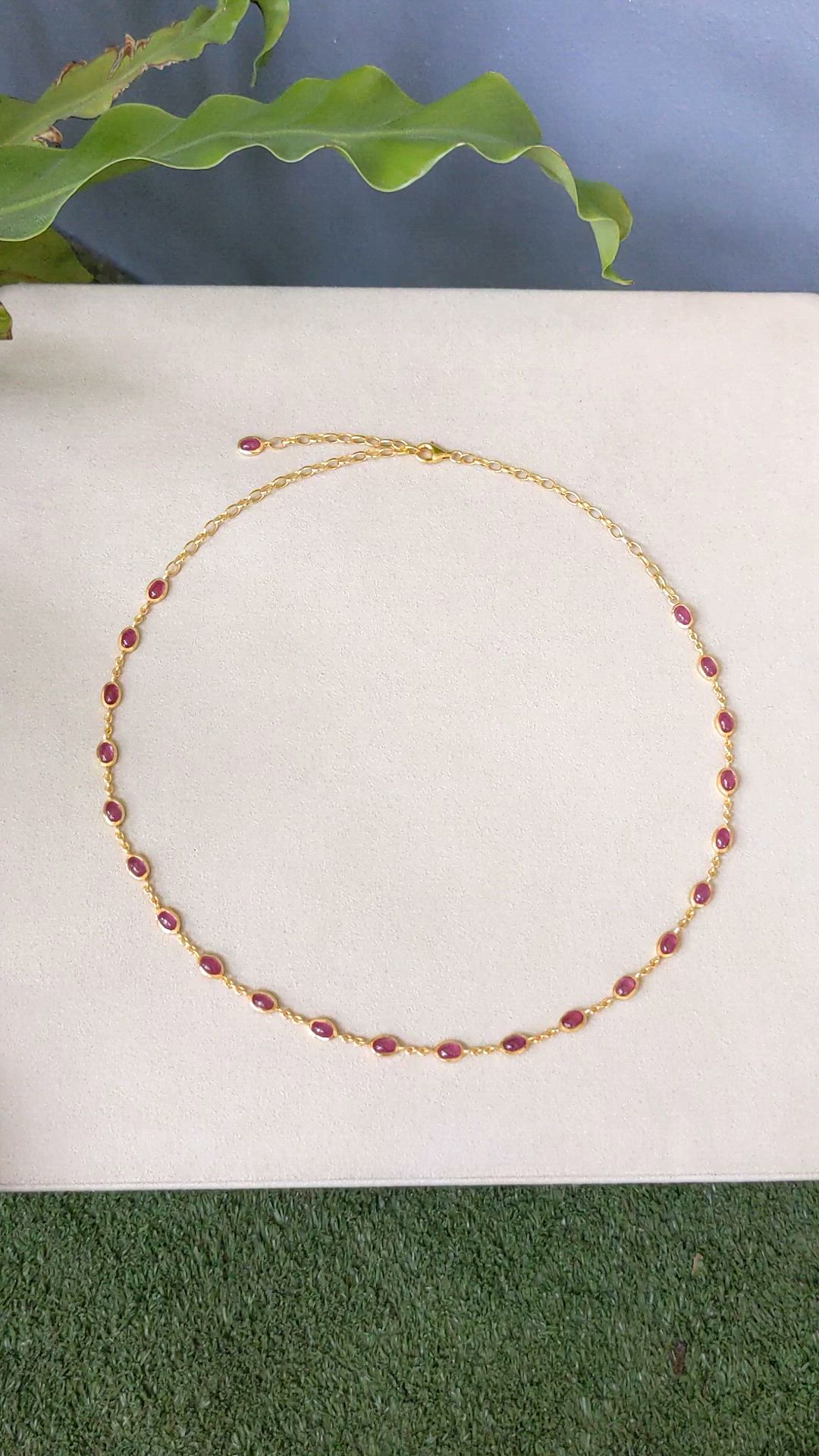 16.79 Ct. Purplish Red Ruby Bezel Necklace, 22K Gold Plated Silver Size Video