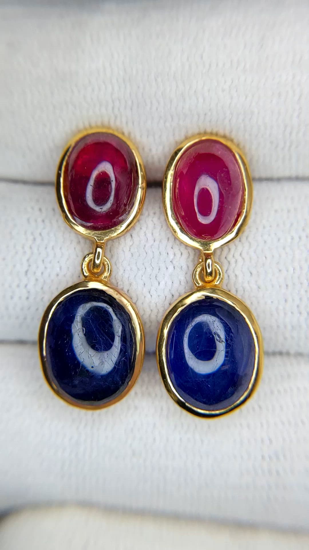 14.38 Ct.Tw.Total Carat Weight Blue Sapphire and Purplish Red Ruby Studs Earrings, 22K Gold Plated Silver Size Video