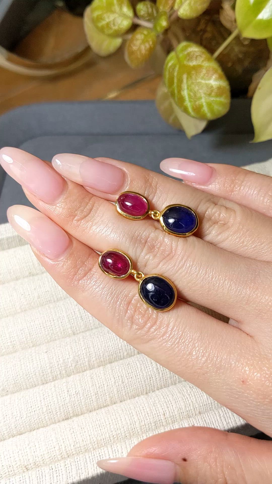 14.38 Ct.Tw.Total Carat Weight Blue Sapphire and Purplish Red Ruby Studs Earrings, 22K Gold Plated Silver Size Video