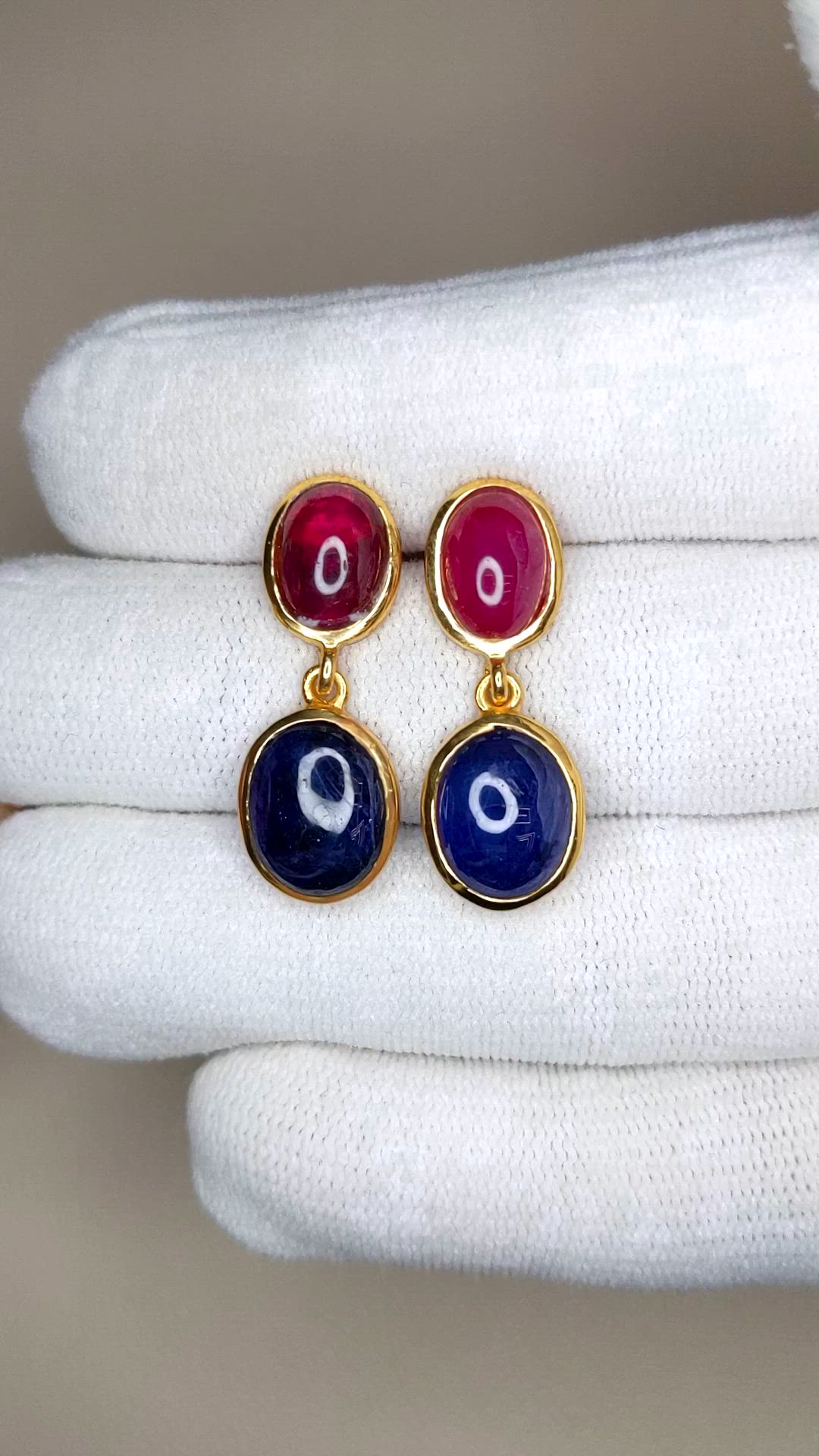 14.38 Ct.Tw.Total Carat Weight Blue Sapphire and Purplish Red Ruby Studs Earrings, 22K Gold Plated Silver Size Video