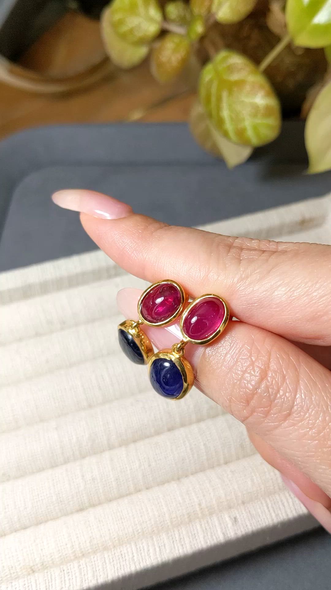 14.38 Ct.Tw.Total Carat Weight Blue Sapphire and Purplish Red Ruby Studs Earrings, 22K Gold Plated Silver Size Video