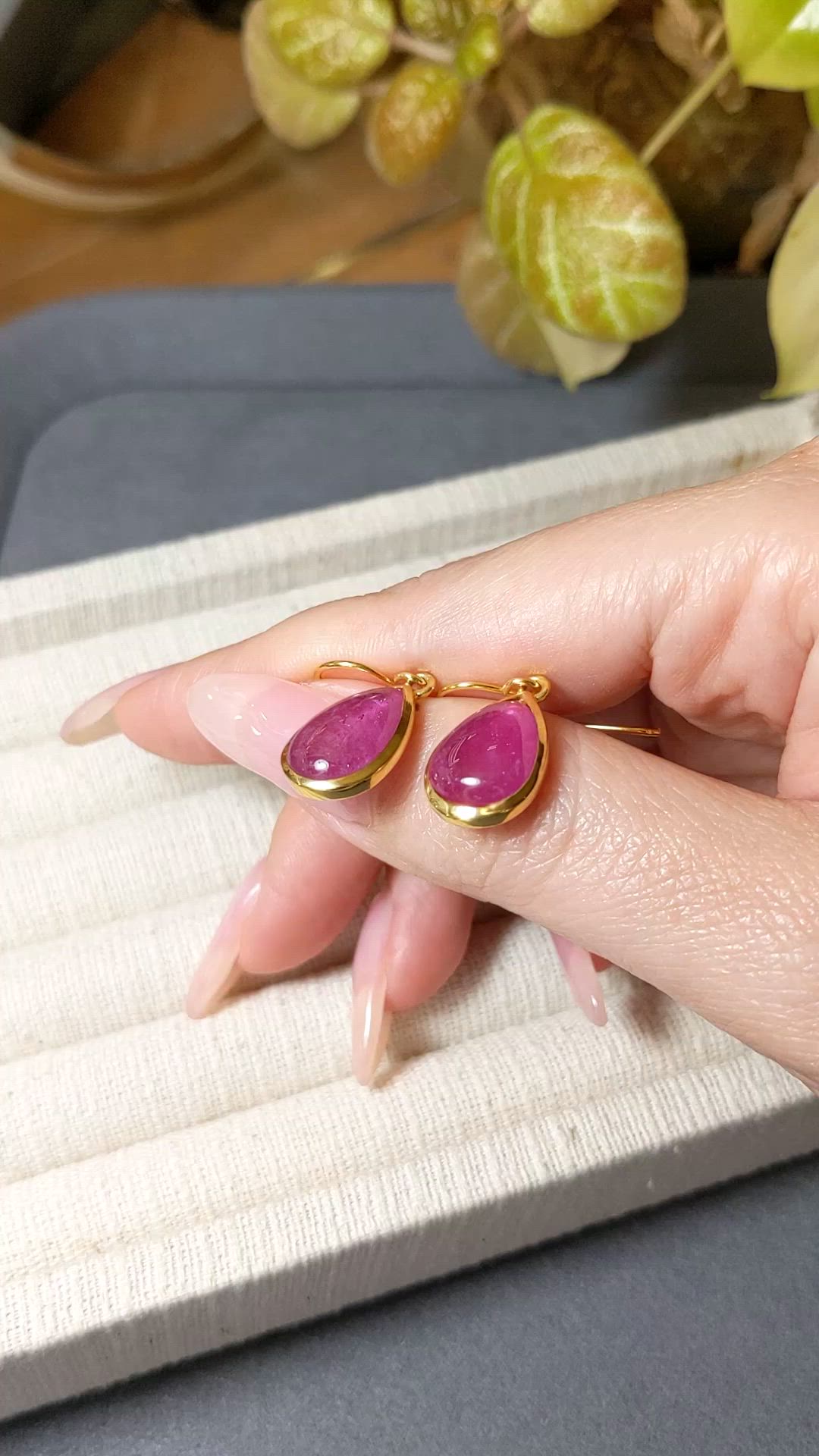 7.60 Ct.Tw.Total Carat Weight Purplish Red Ruby Drops Earrings, 22K Gold Plated Silver Size Video