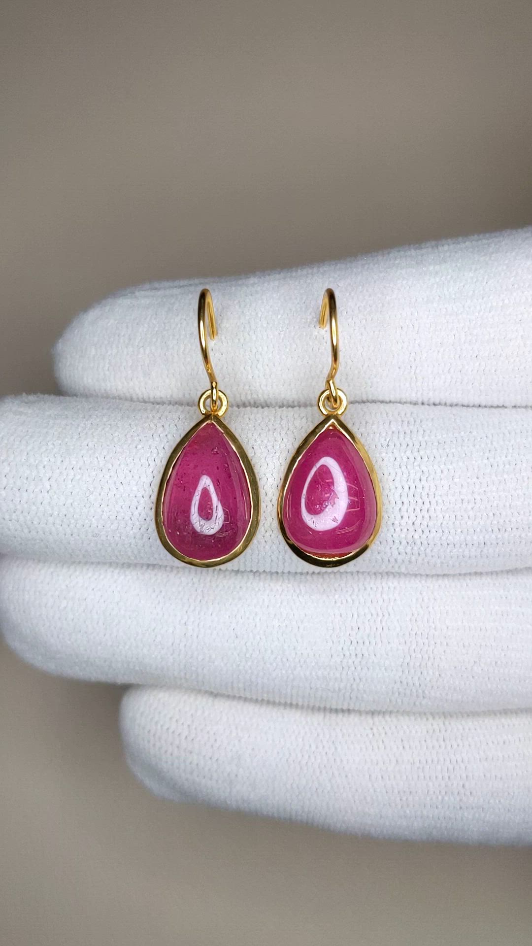 7.60 Ct.Tw.Total Carat Weight Purplish Red Ruby Drops Earrings, 22K Gold Plated Silver Size Video