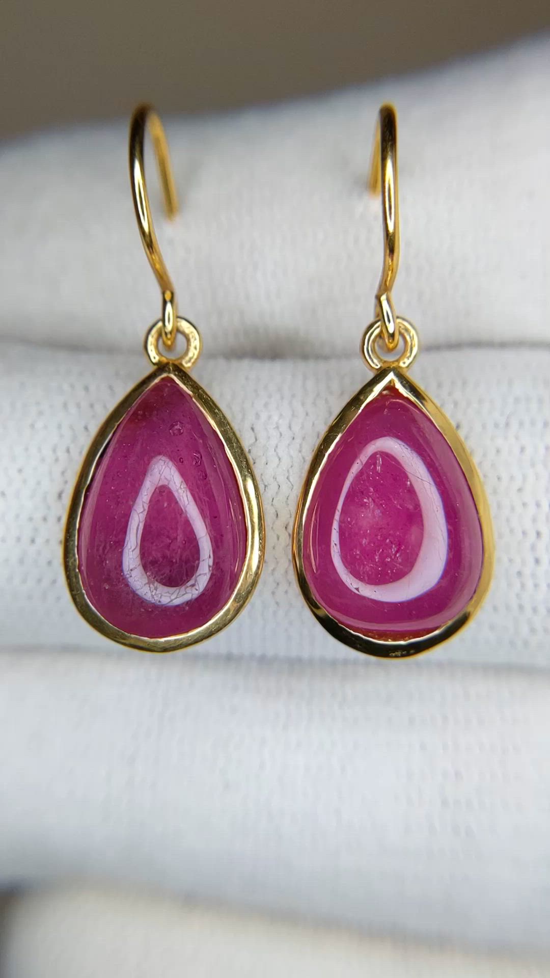 7.60 Ct.Tw.Total Carat Weight Purplish Red Ruby Drops Earrings, 22K Gold Plated Silver Size Video