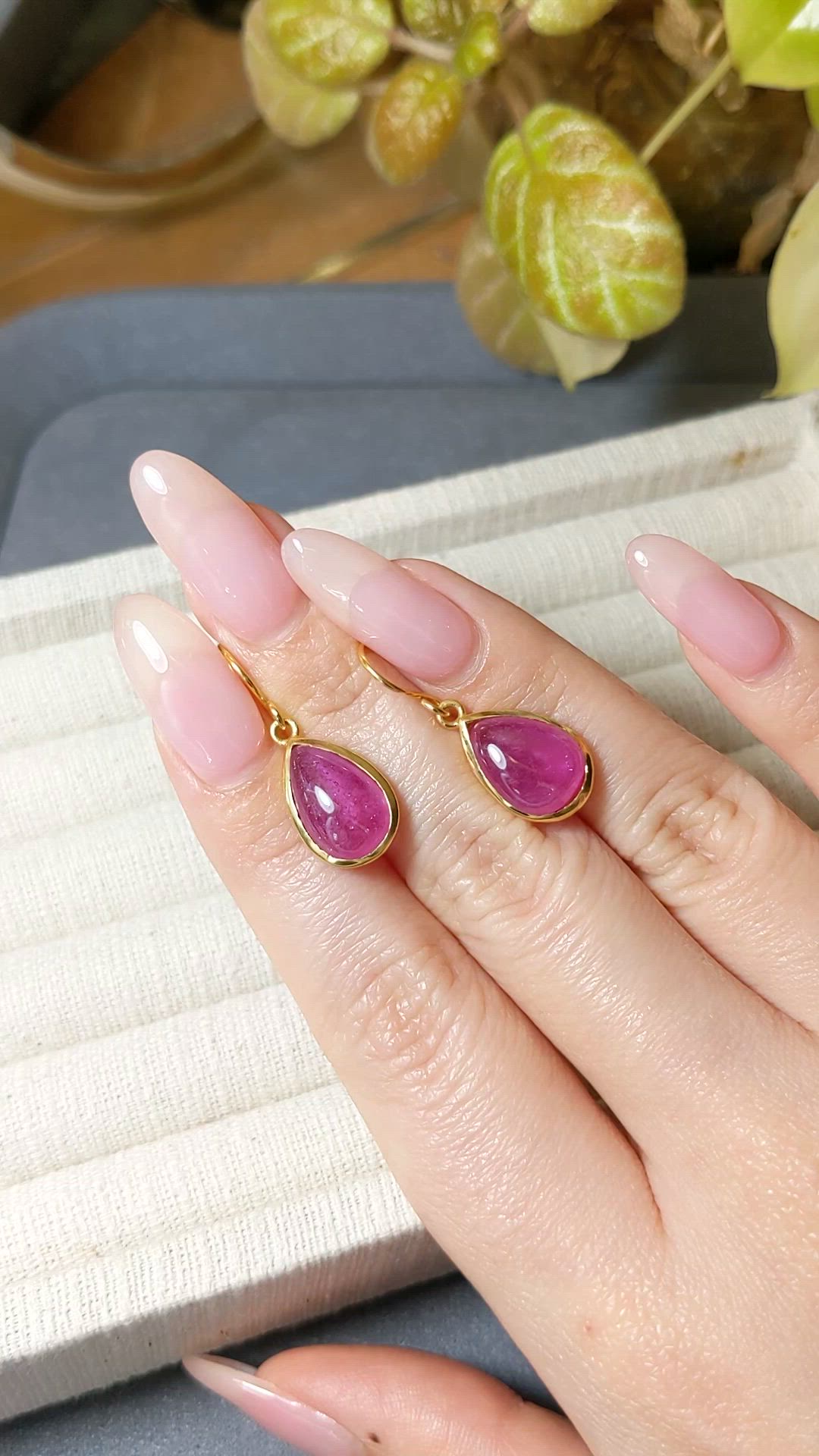 7.60 Ct.Tw.Total Carat Weight Purplish Red Ruby Drops Earrings, 22K Gold Plated Silver Size Video