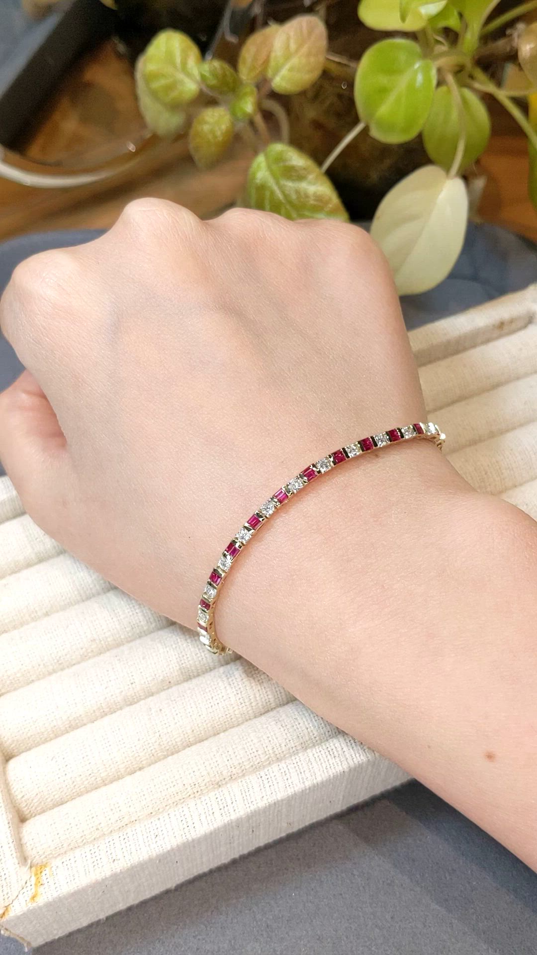 3.15&nbsp;Ct.Tw.Total Carat Weight Purplish Red Ruby and Natural Diamond Tennis/Line Bracelet, 14K Yellow Gold Size Video