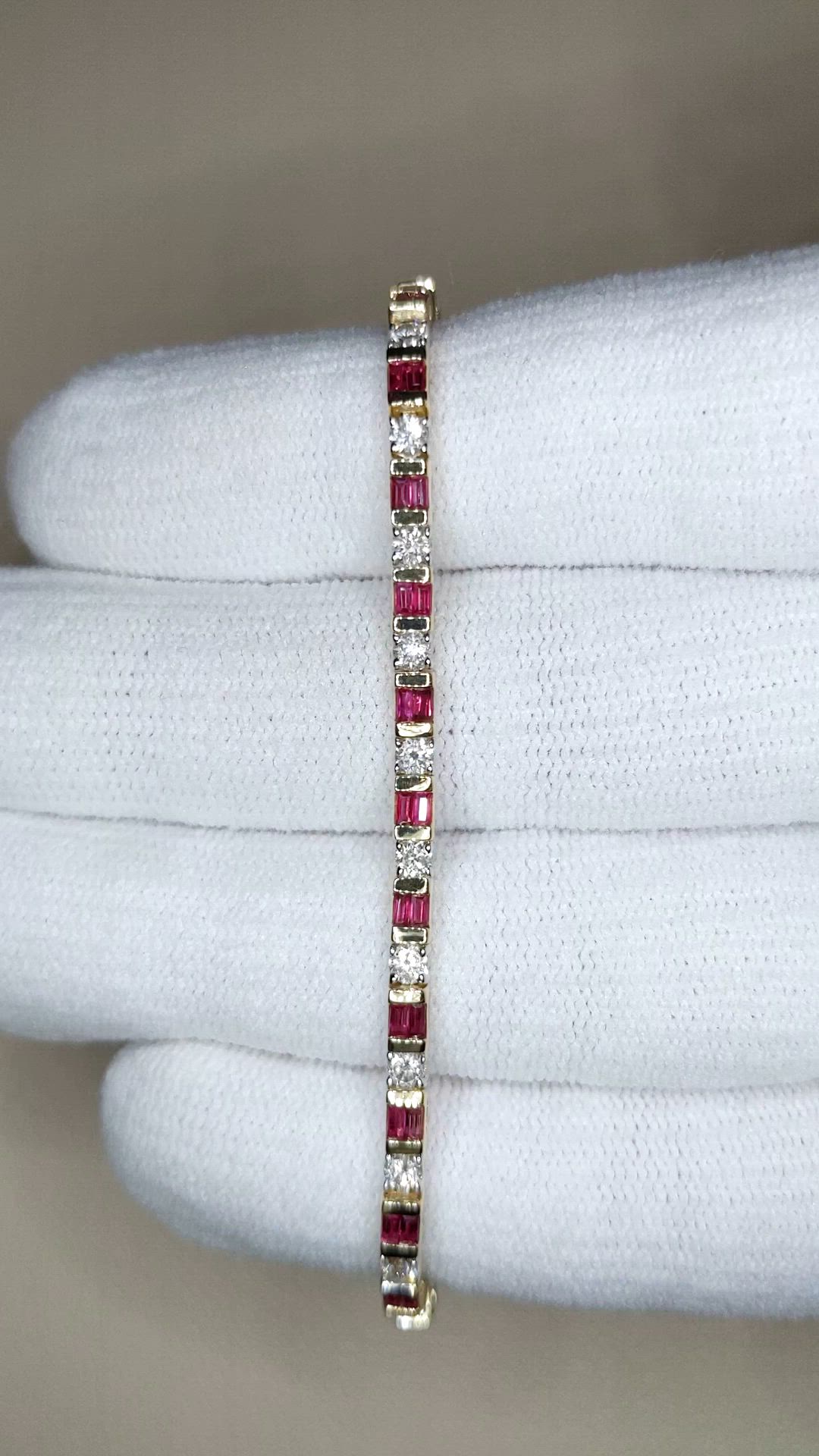 3.15&nbsp;Ct.Tw.Total Carat Weight Purplish Red Ruby and Natural Diamond Tennis/Line Bracelet, 14K Yellow Gold Size Video