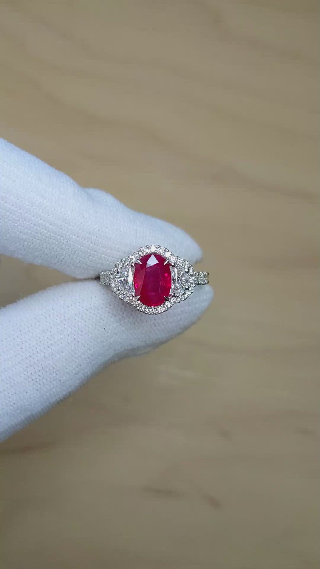 2.48 Ct. Ruby and Natural Diamond Pave Ring, 18K White Gold Size Video